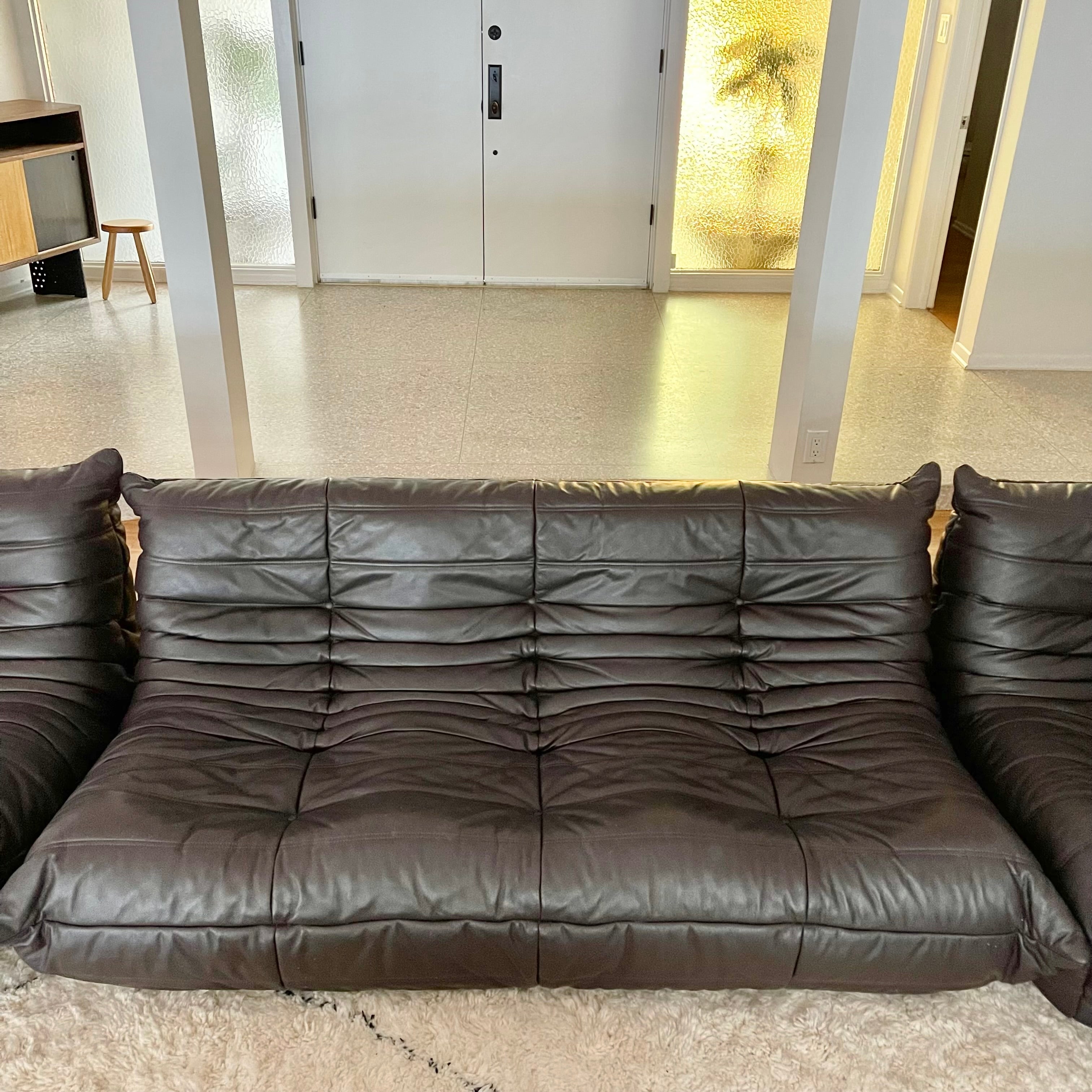 Togo Modular Sofa in Brown Leather by Michel Ducaroy for Ligne Roset,  1980s, Set of 5