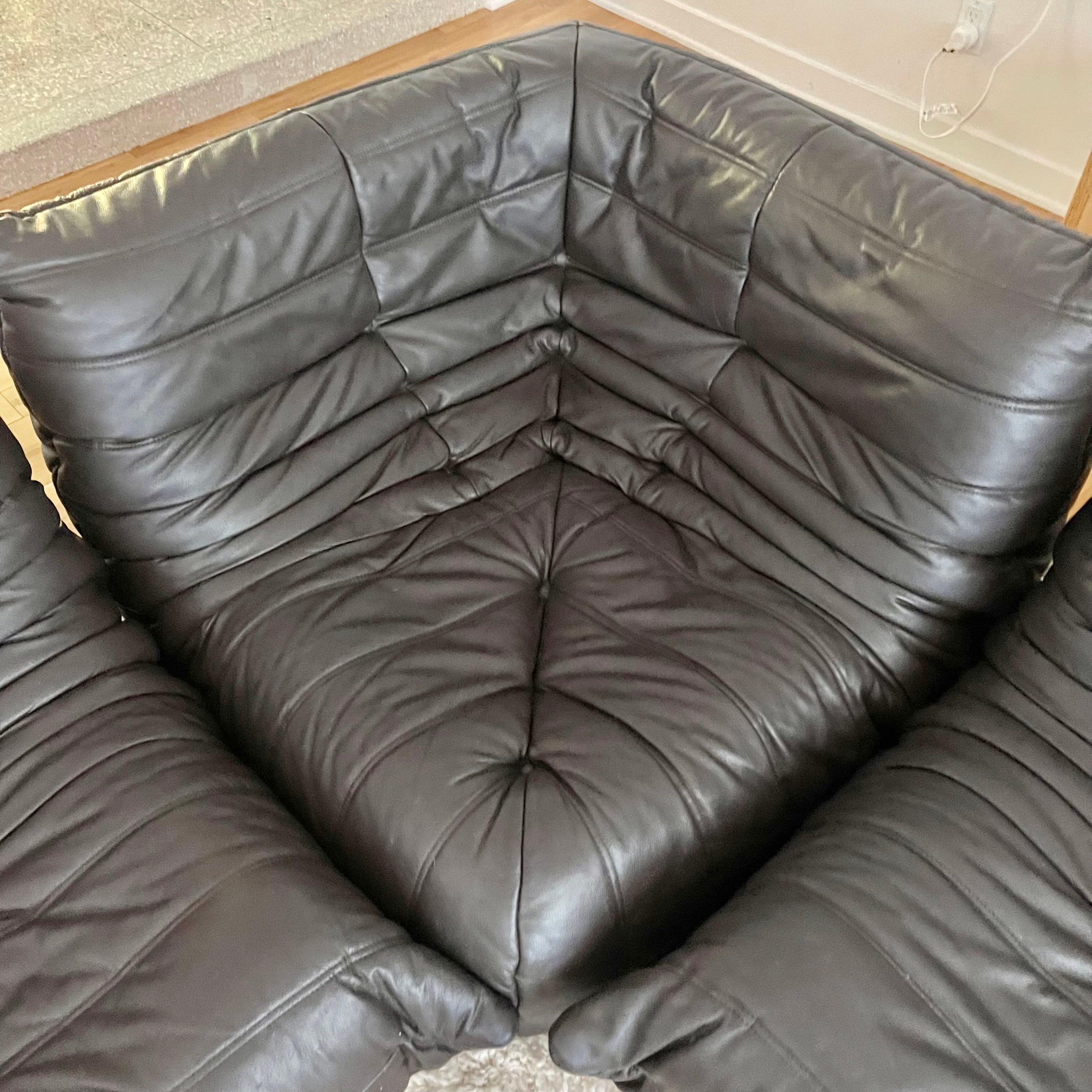 Dark Brown Leather Togo Lounge Chair, Pouf and 3-Seat Sofa by
