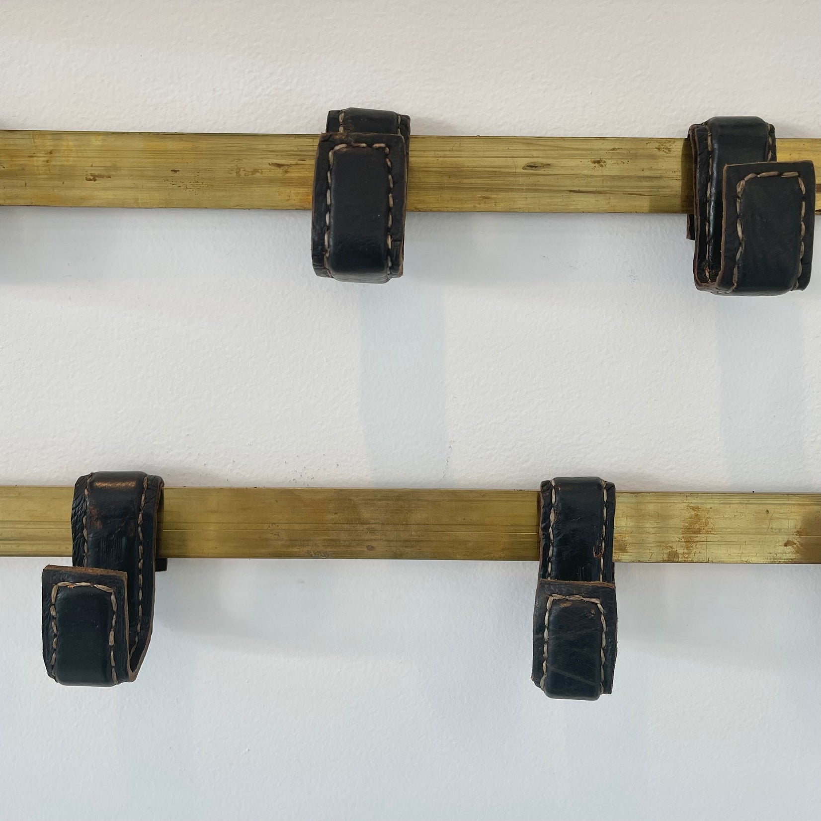 Jacques Adnet Leather and Brass Wall Rack, 1950s France
