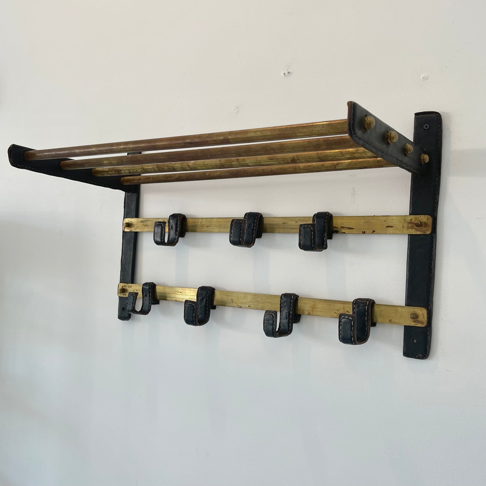 Jacques Adnet Leather and Brass Wall Rack, 1950s France