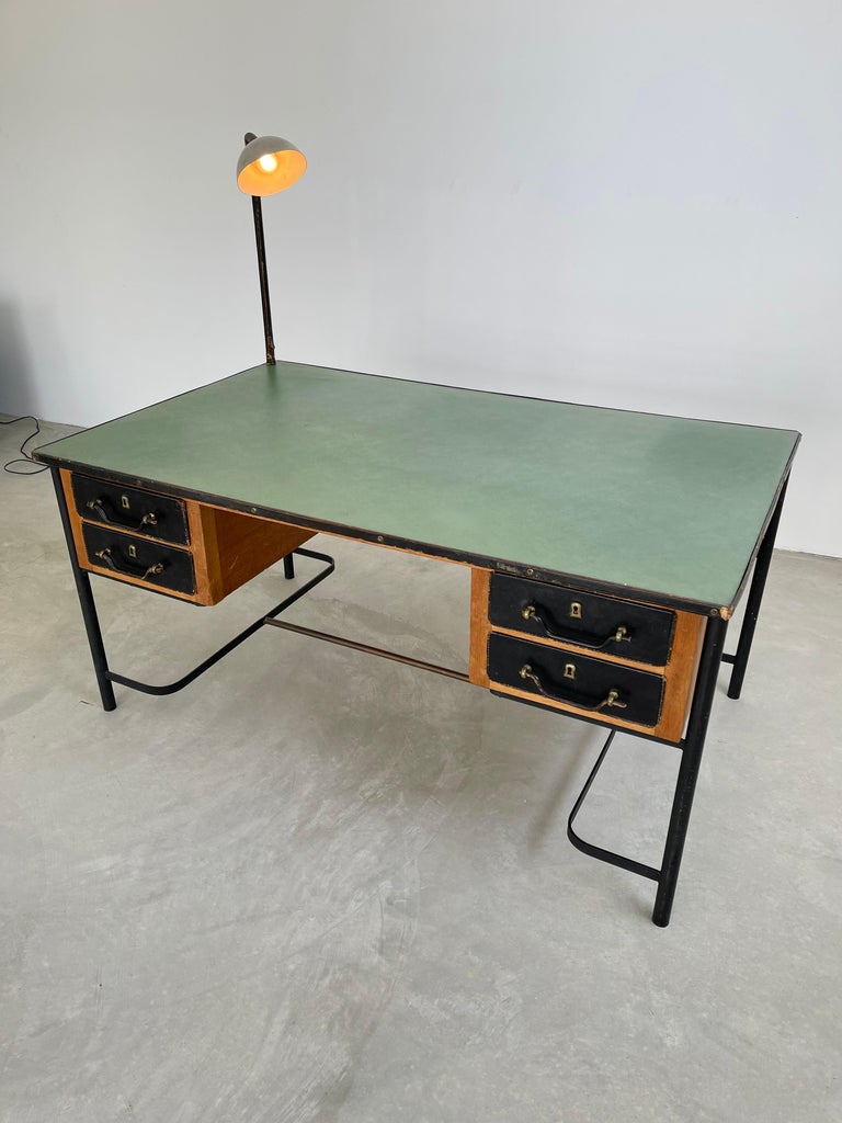 Jacques Adnet Leather and Oak Desk, 1950s France