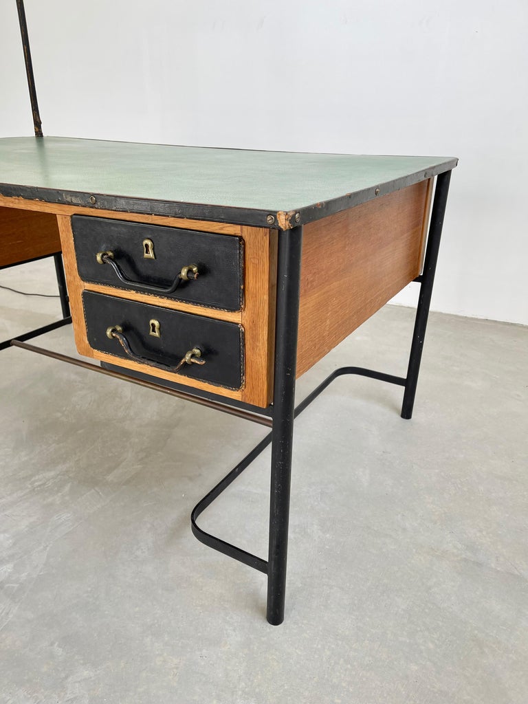Jacques Adnet Leather and Oak Desk, 1950s France