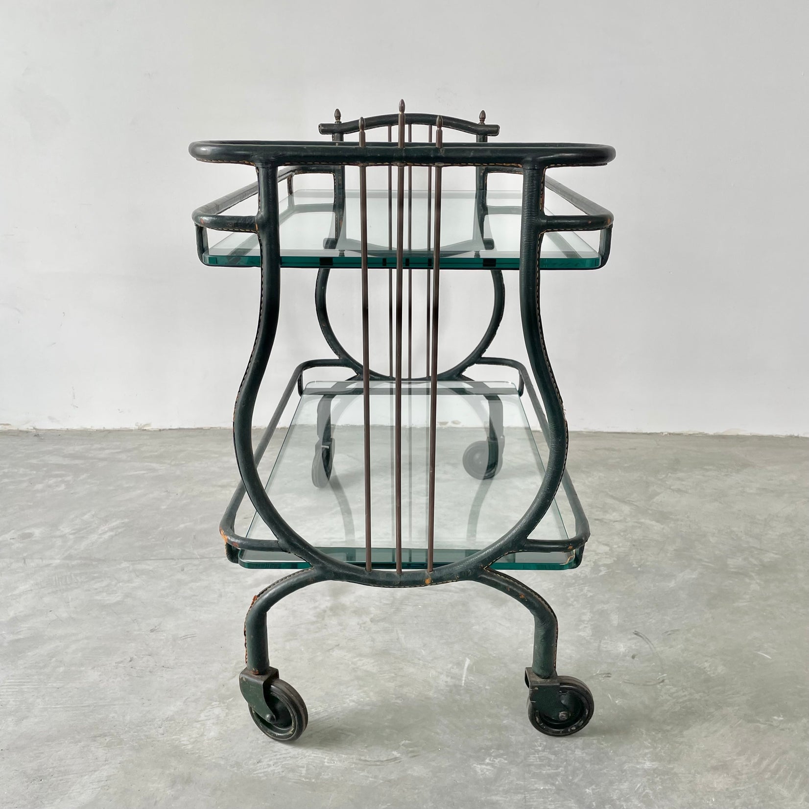 Jacques Adnet Green Leather Bar Cart, 1950s