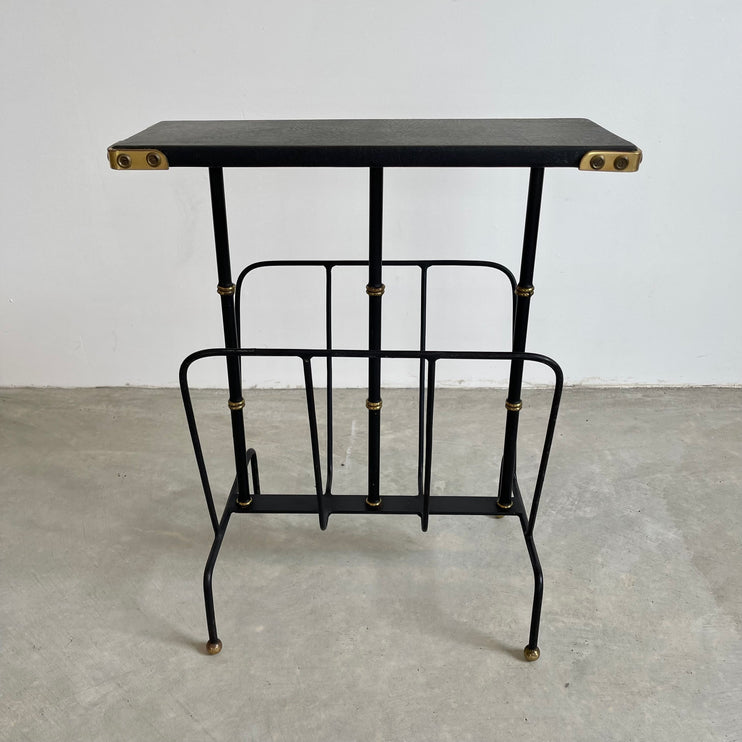 Jacques Adnet Leather Side Table and Magazine Rack, 1950s France