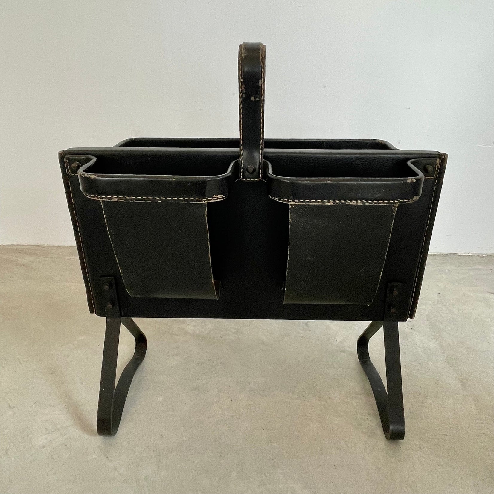 Jacques Adnet Black Leather Magazine Rack, 1950s France