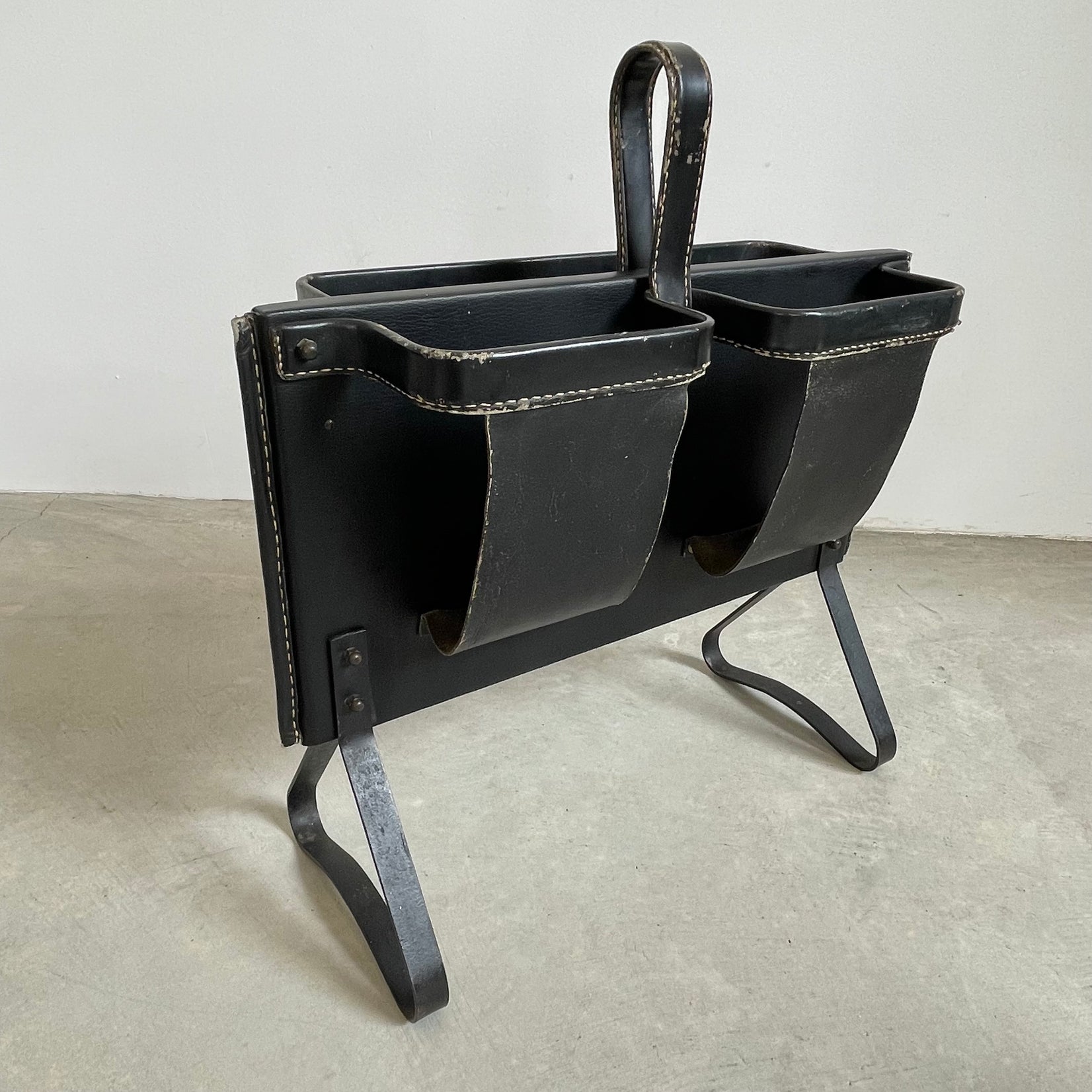 Jacques Adnet Black Leather Magazine Rack, 1950s France