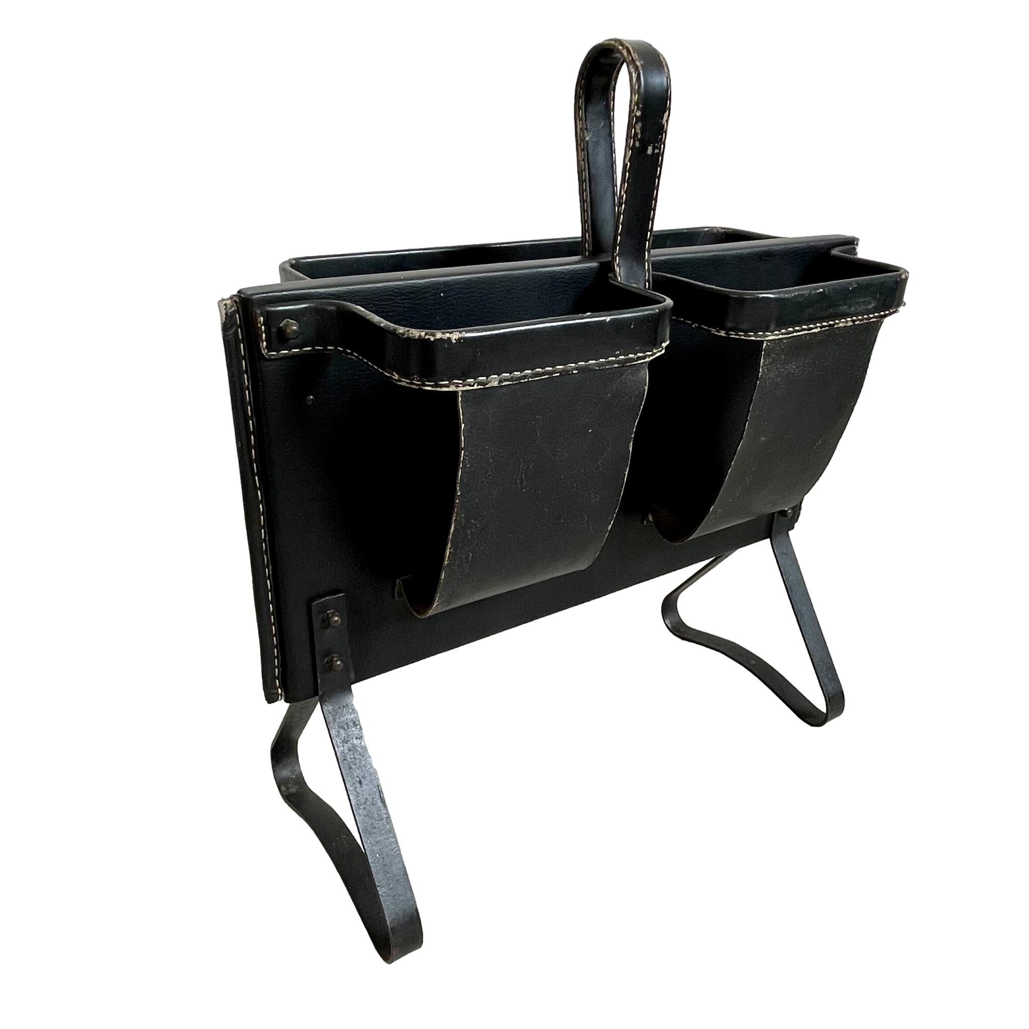 Jacques Adnet Black Leather Magazine Rack, 1950s France