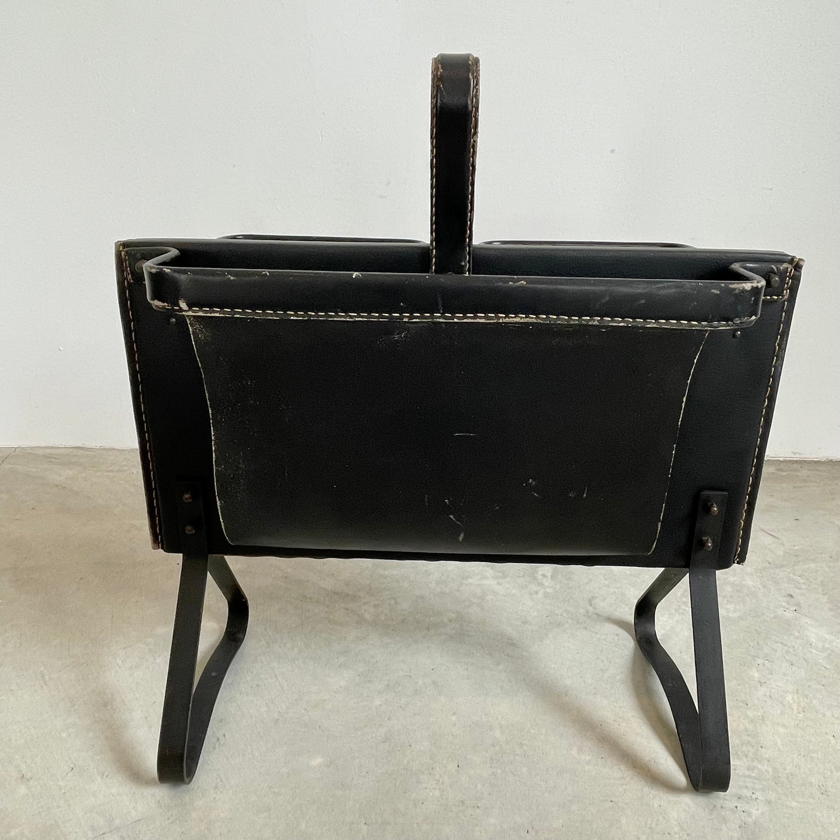 Jacques Adnet Black Leather Magazine Rack, 1950s France