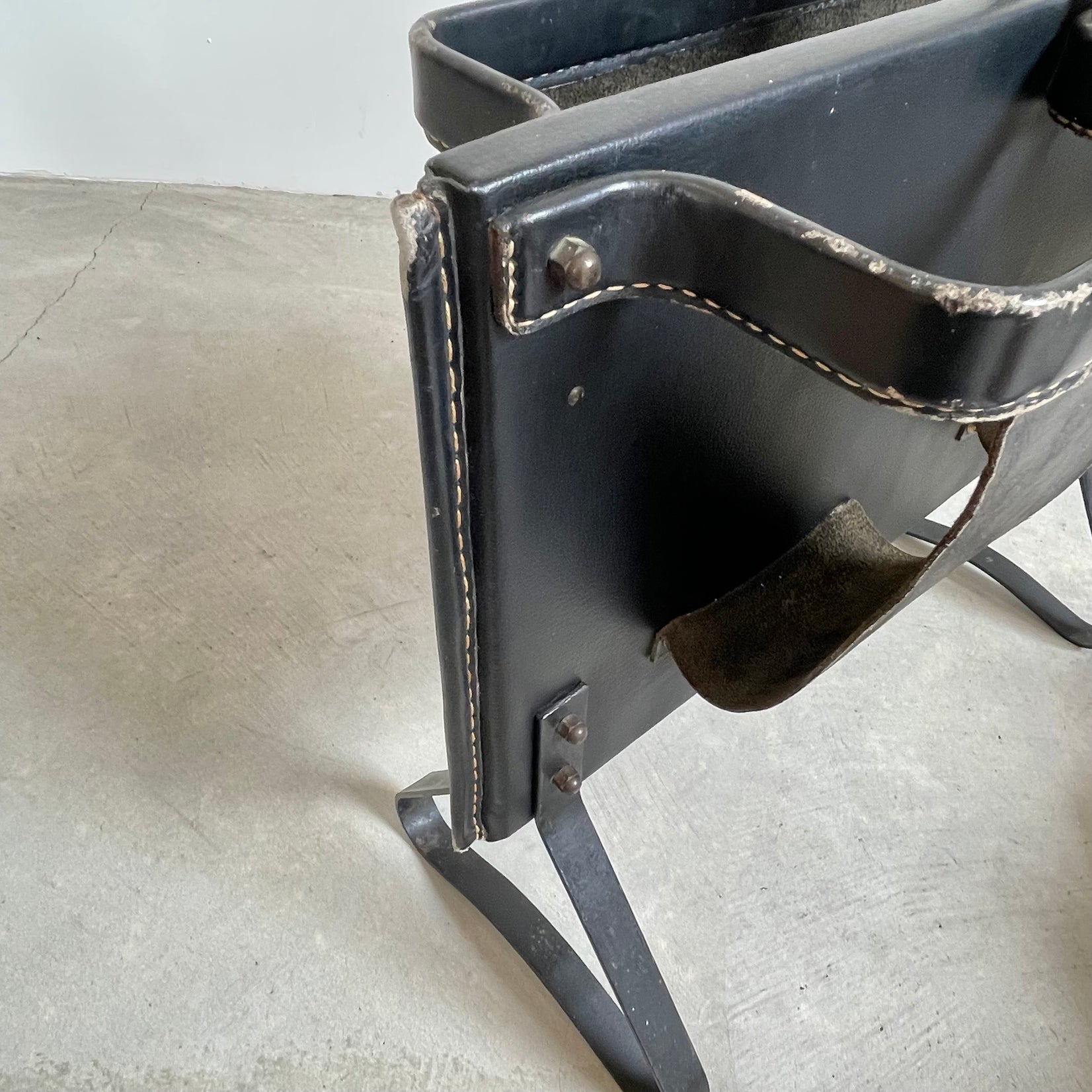 Jacques Adnet Black Leather Magazine Rack, 1950s France