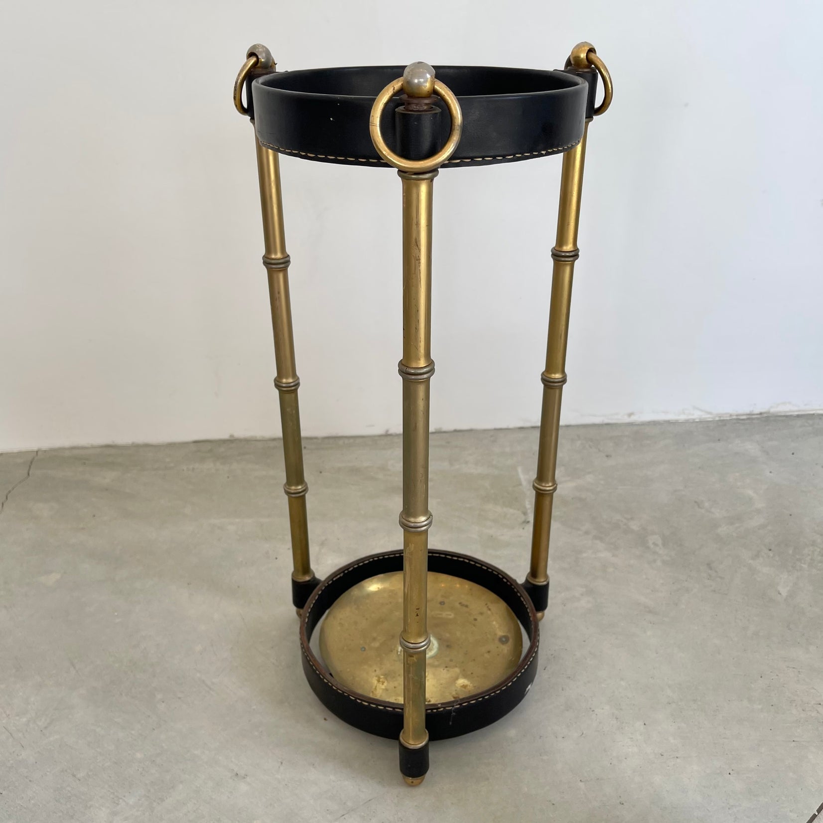 Jacques Adnet Leather and Brass Umbrella Stand, 1950s