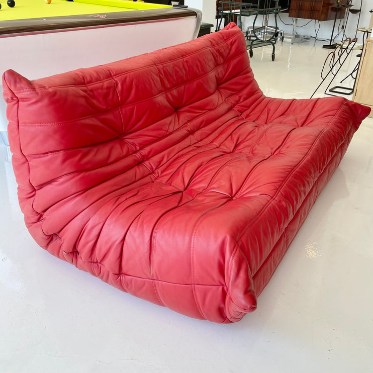 Red Leather Togo 3 Seater Sofa by Ligne Roset, 1980s