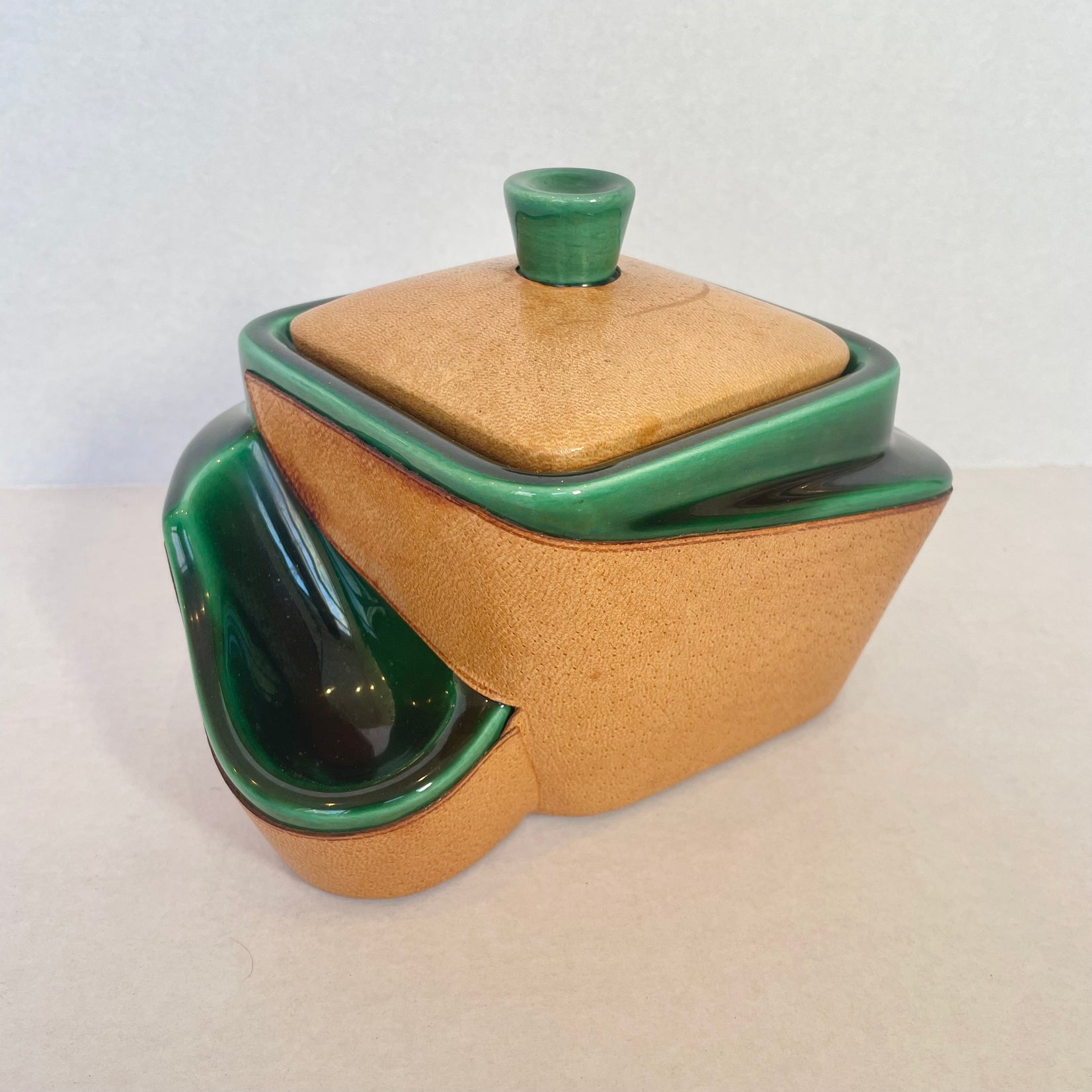 French Leather and Ceramic Stash Jar and Pipe Holder