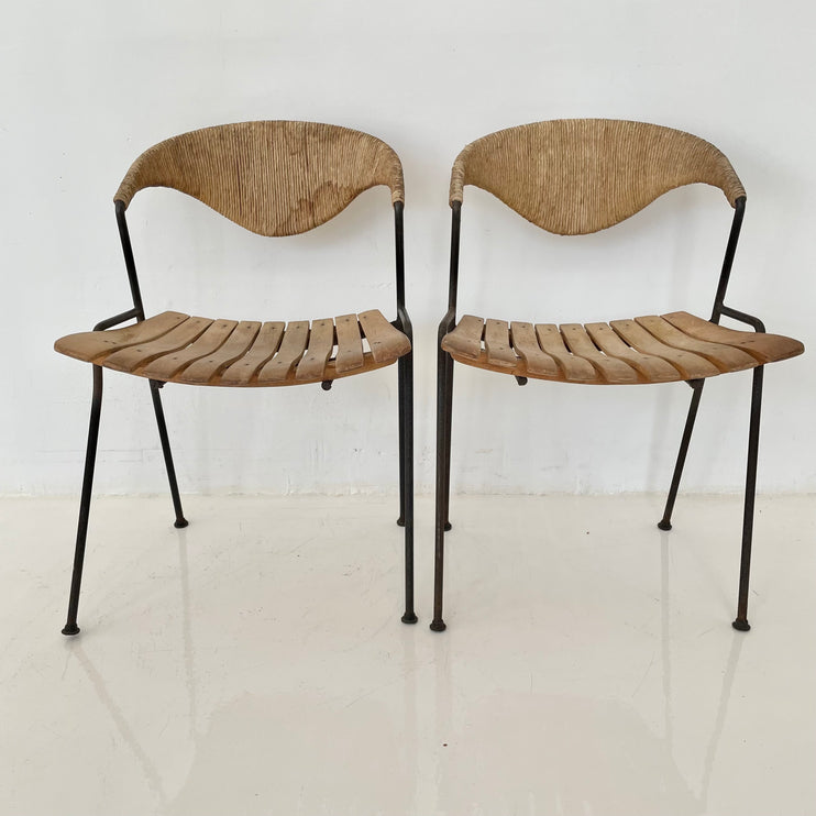 Arthur Umanoff Wood and Rush Sculptural Chairs, 1950s USA