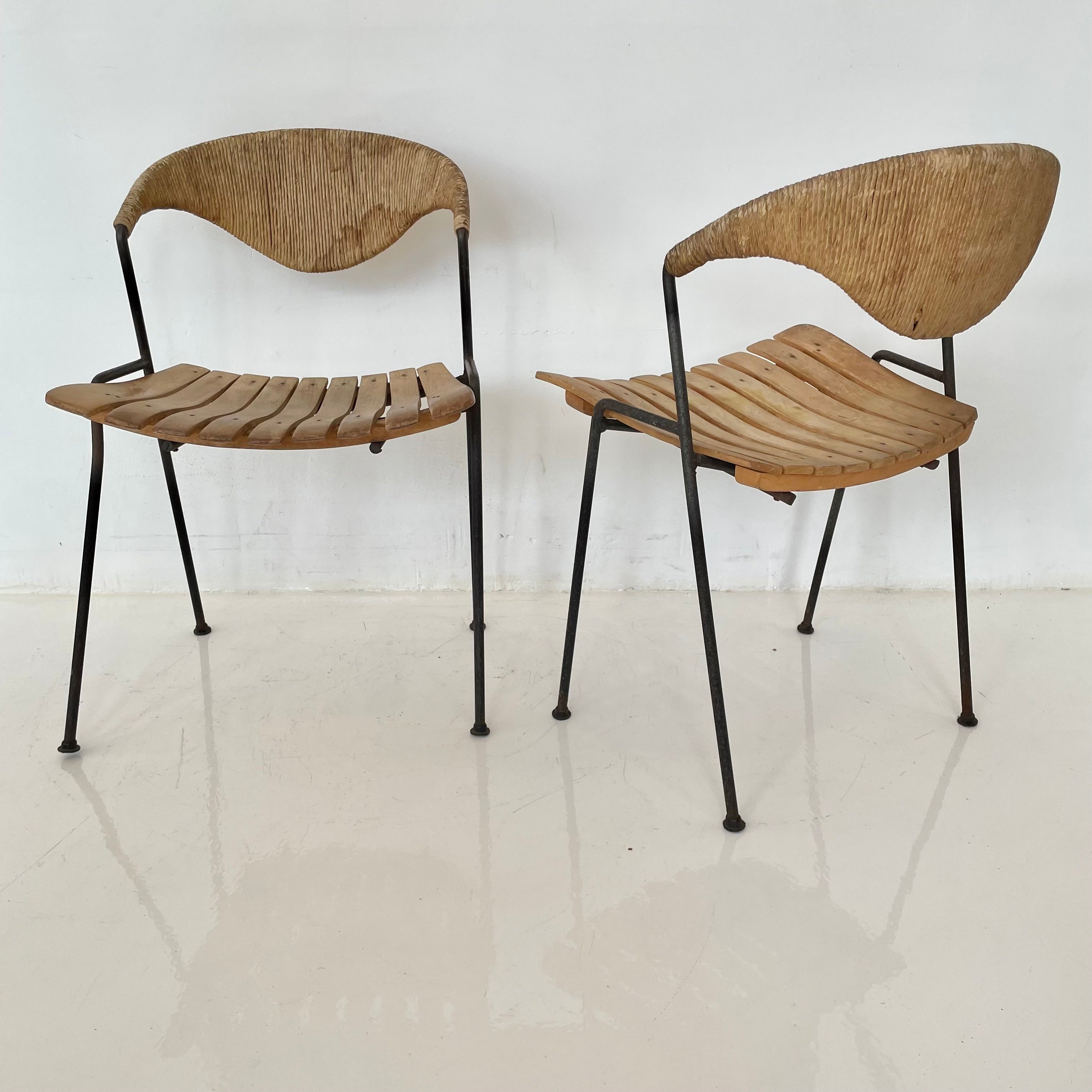 Arthur Umanoff Wood and Rush Sculptural Chairs 1950s USA