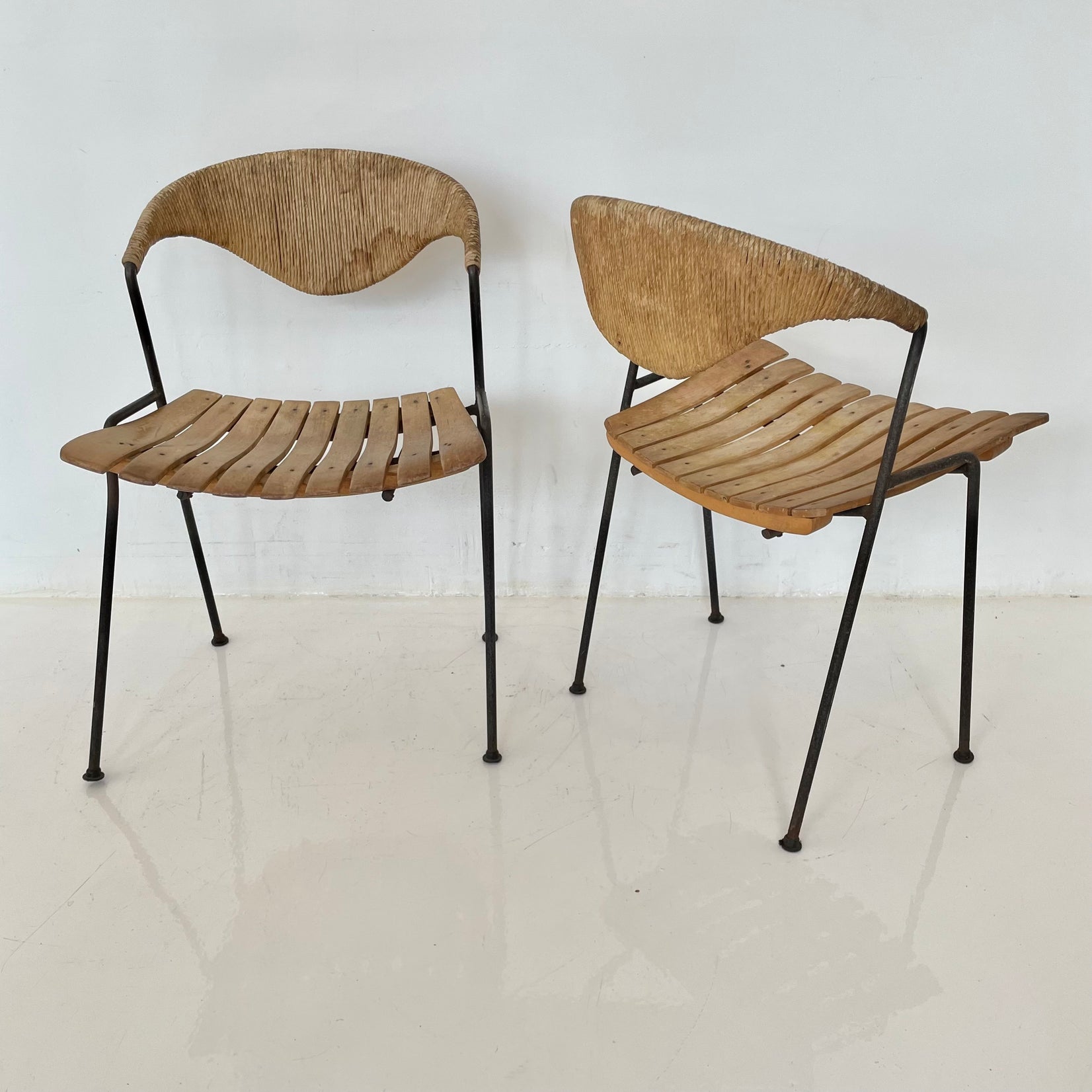 Arthur Umanoff Wood and Rush Sculptural Chairs, 1950s United States