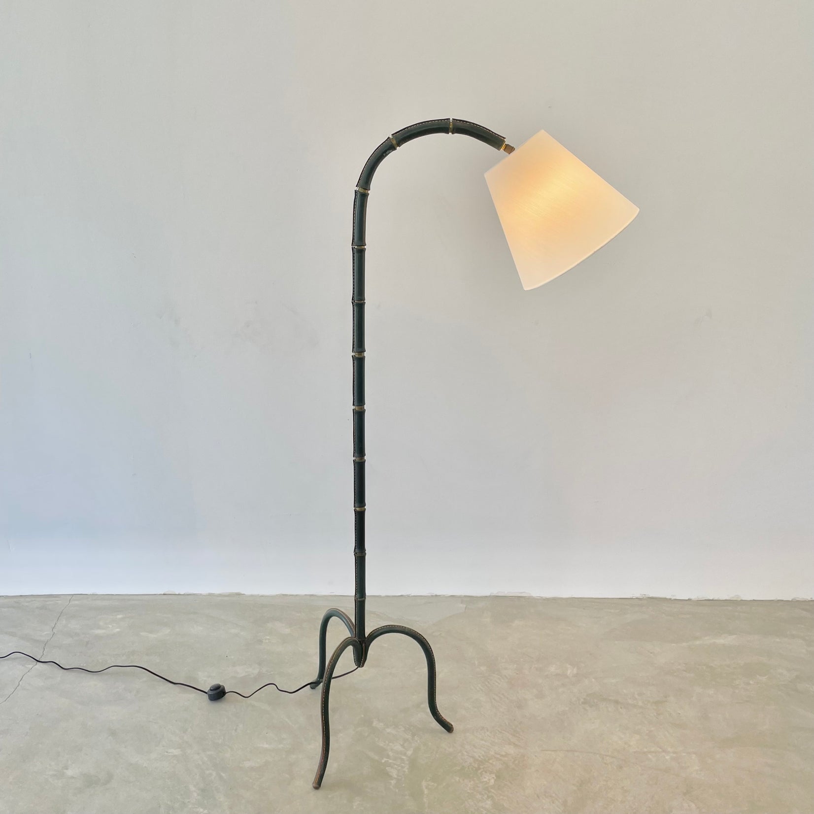 Jacques Adnet Green Leather and Brass Floor Lamp, 1950s France
