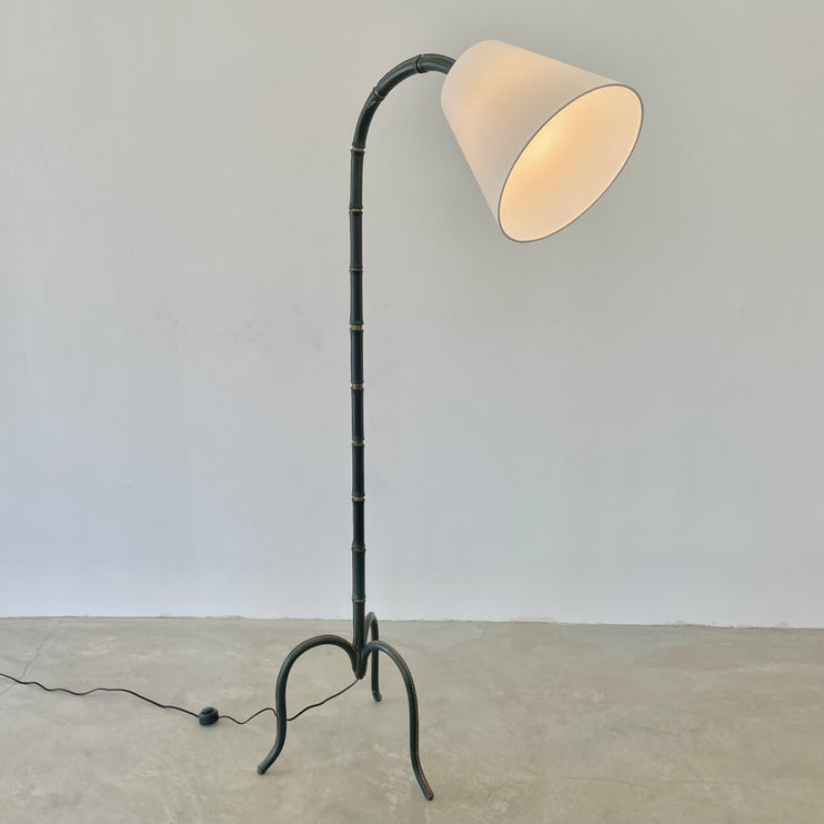 Jacques Adnet Green Leather and Brass Floor Lamp, 1950s France