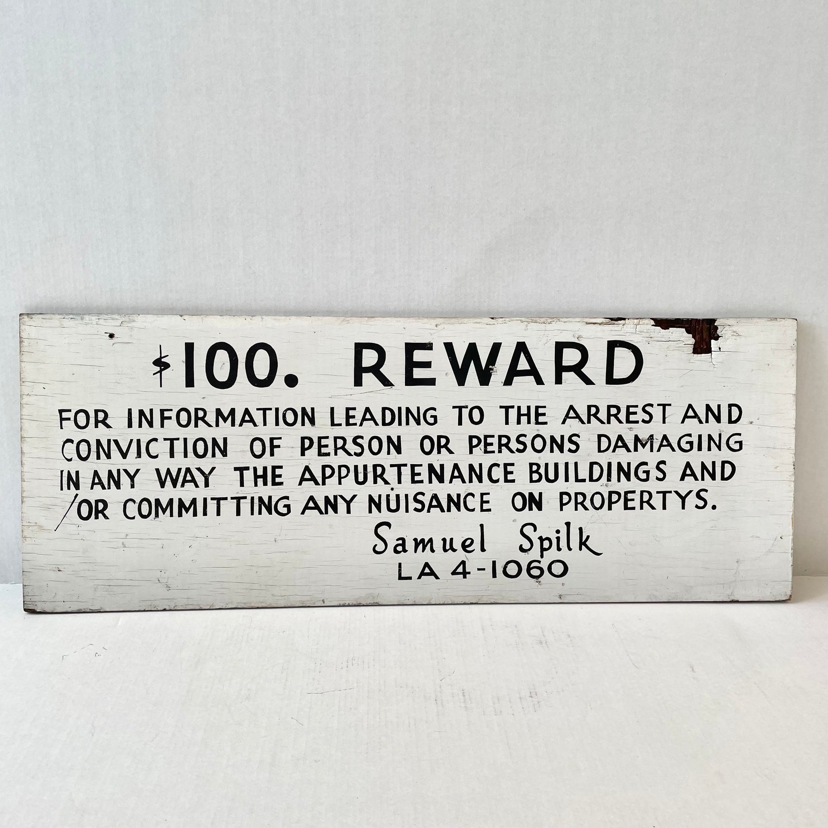 Hand Painted $100 REWARD Wooden Sign, 1940s Los Angeles