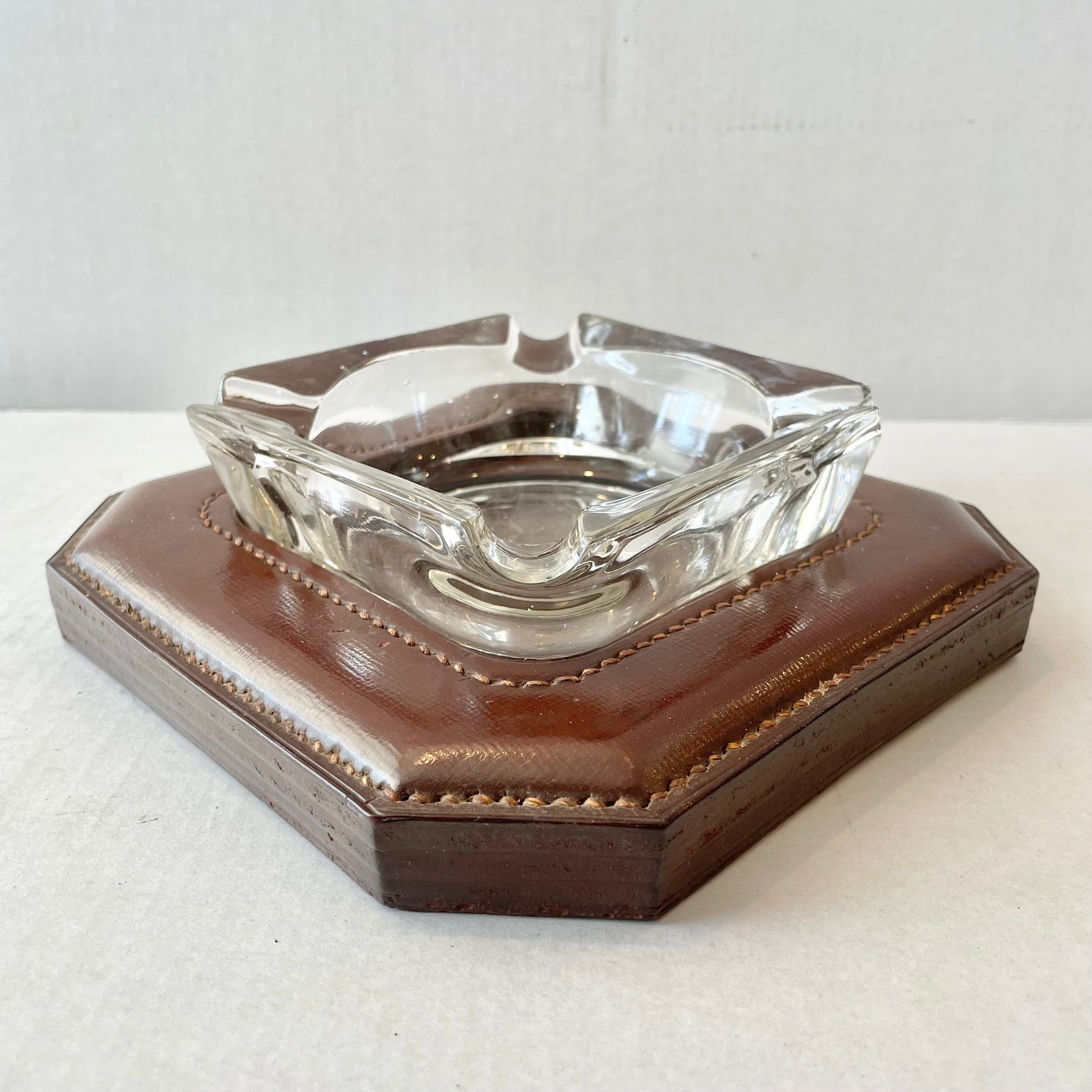 Jacques Adnet Cognac Leather and Glass Ashtray, 1950s France
