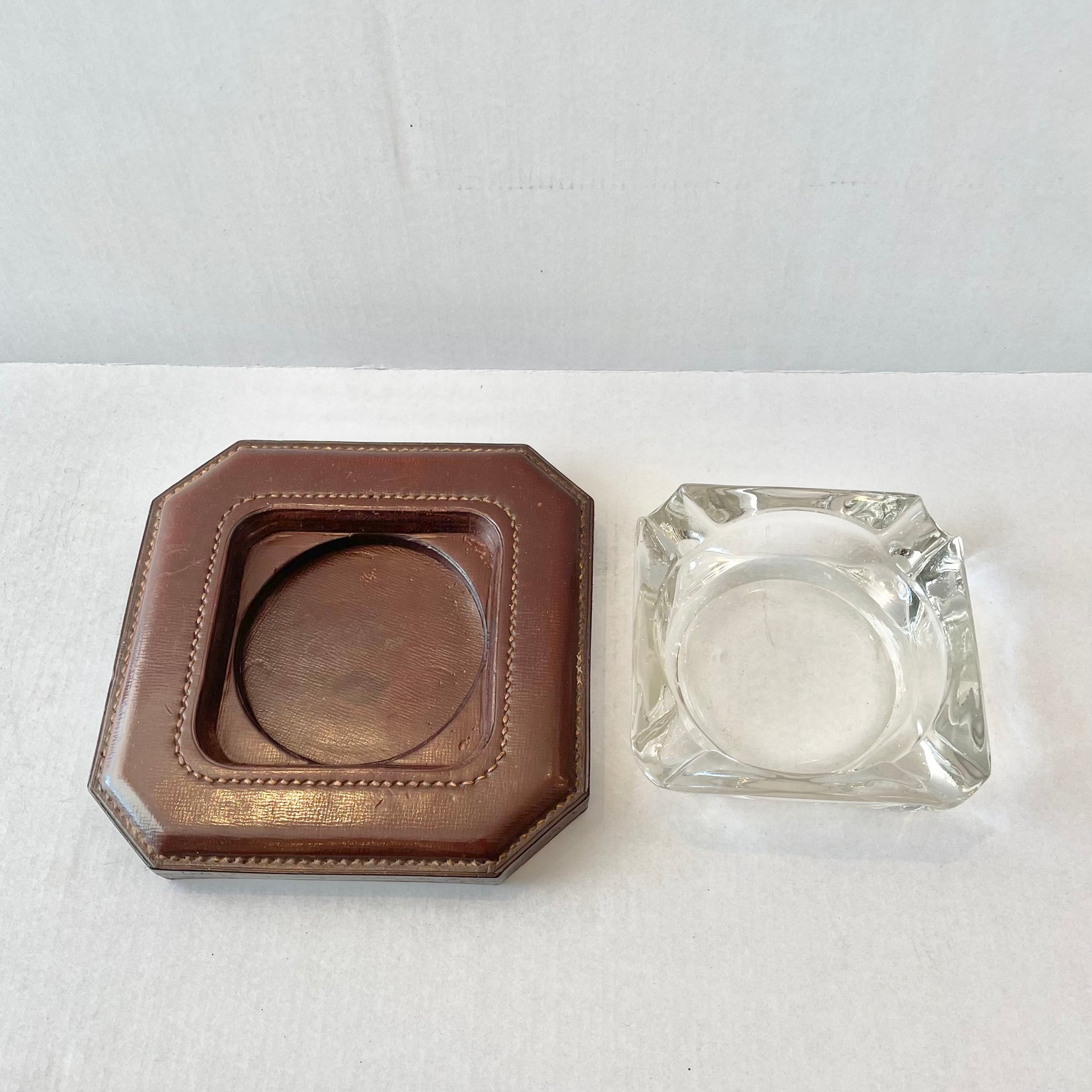 Jacques Adnet Cognac Leather and Glass Ashtray, 1950s France