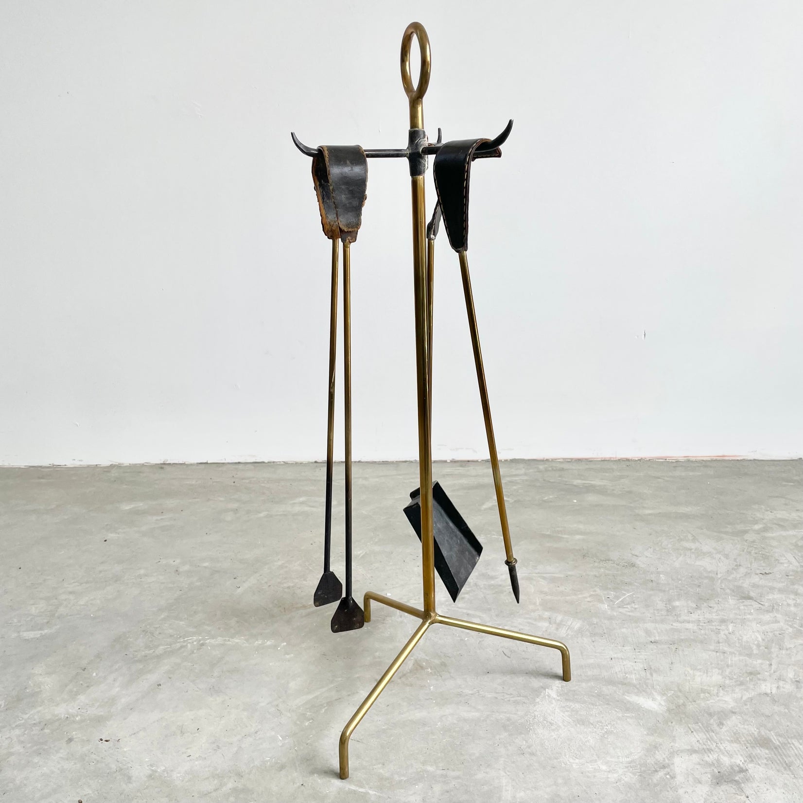Leather and Brass Fireplace Set by Jacques Adnet, 1950s France