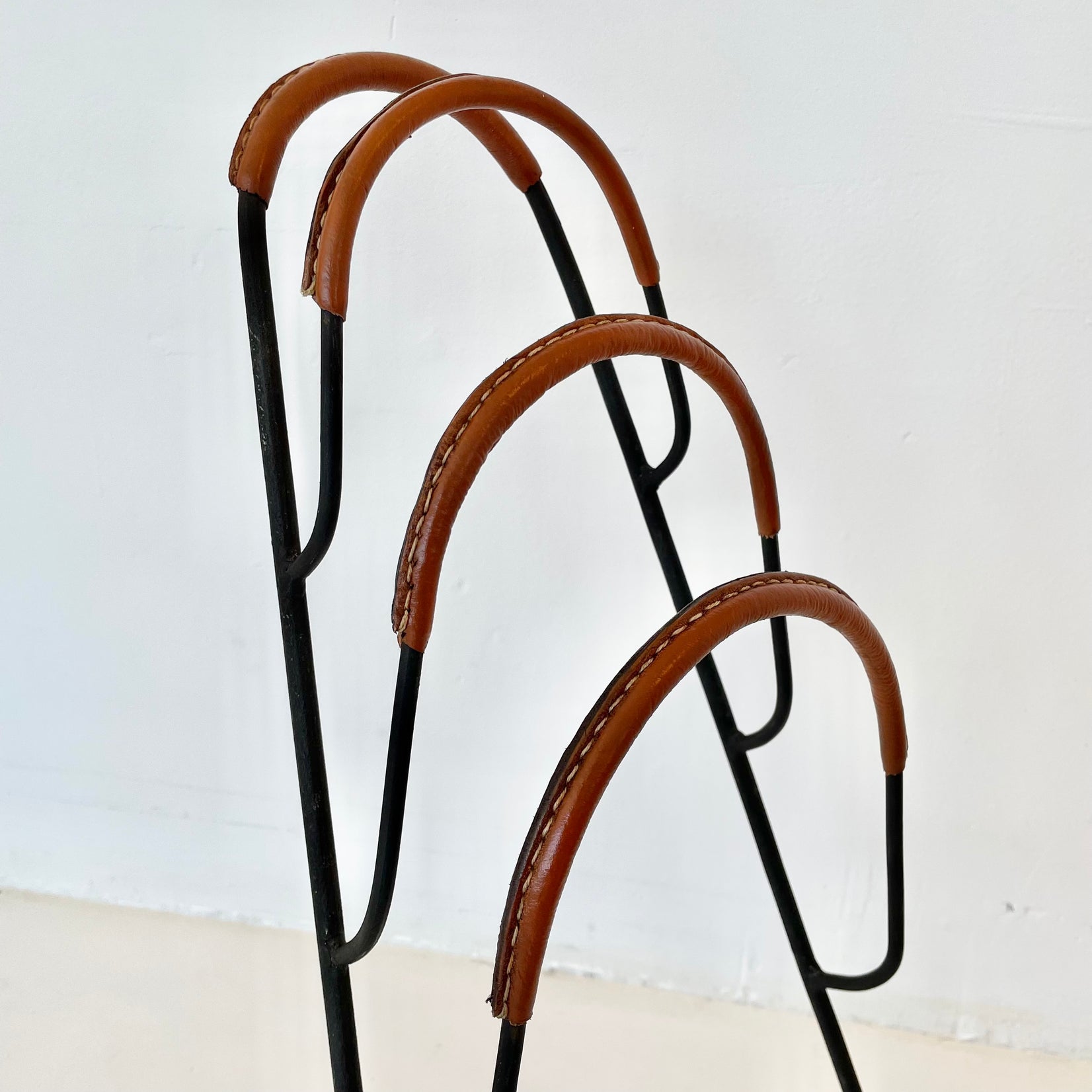 Jacques Adnet Tiered Leather and Iron Magazine Rack
