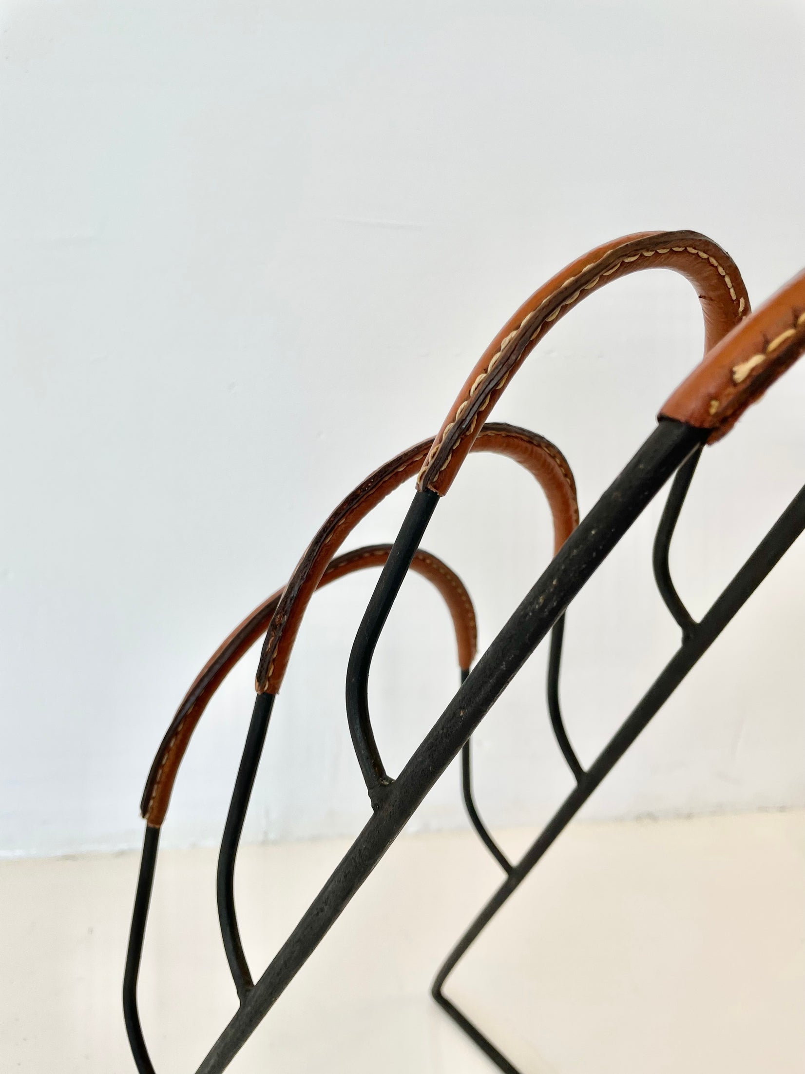 Jacques Adnet Tiered Leather and Iron Magazine Rack