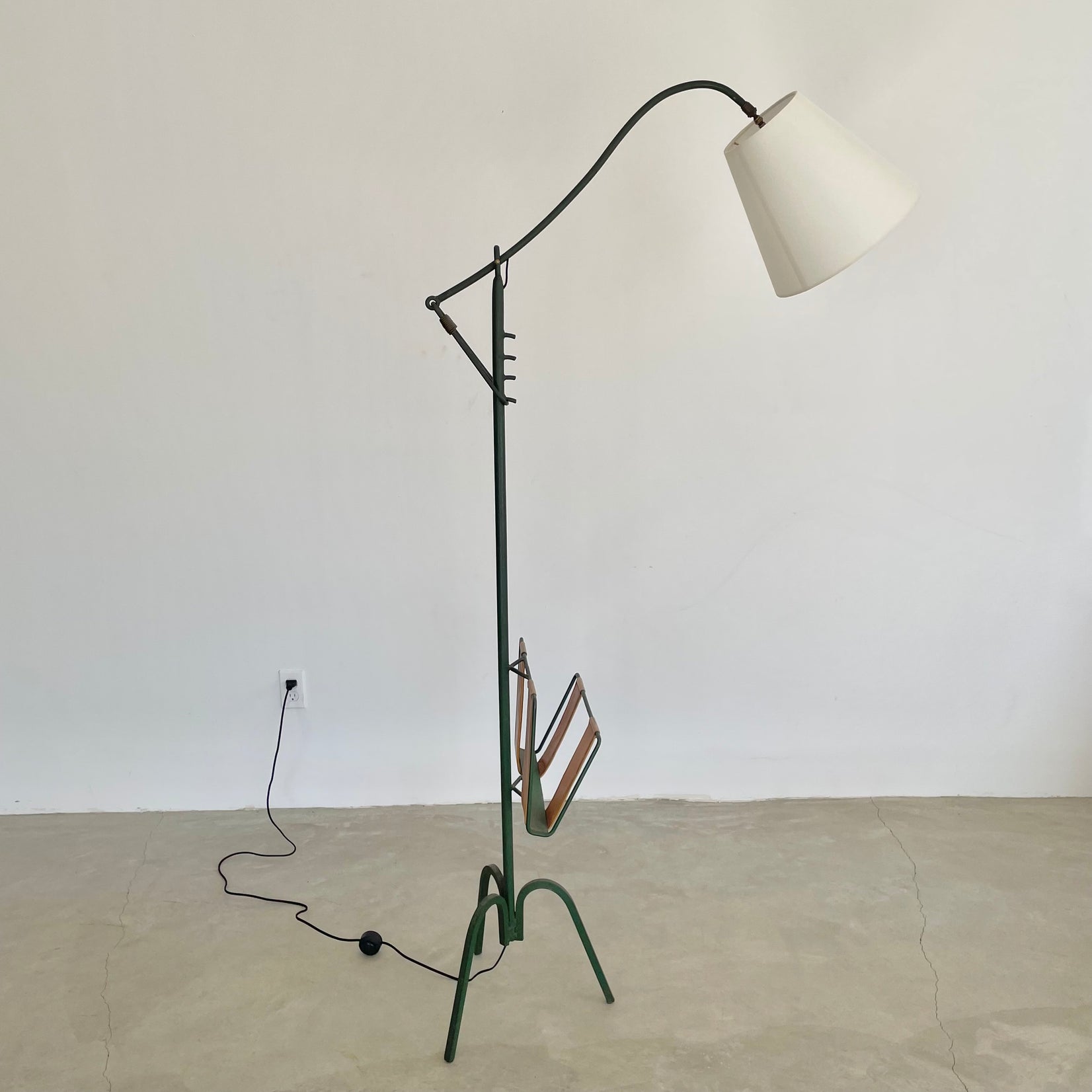 Jacques Adnet Green Iron and Leather Adjustable Floor Lamp, 1950s France