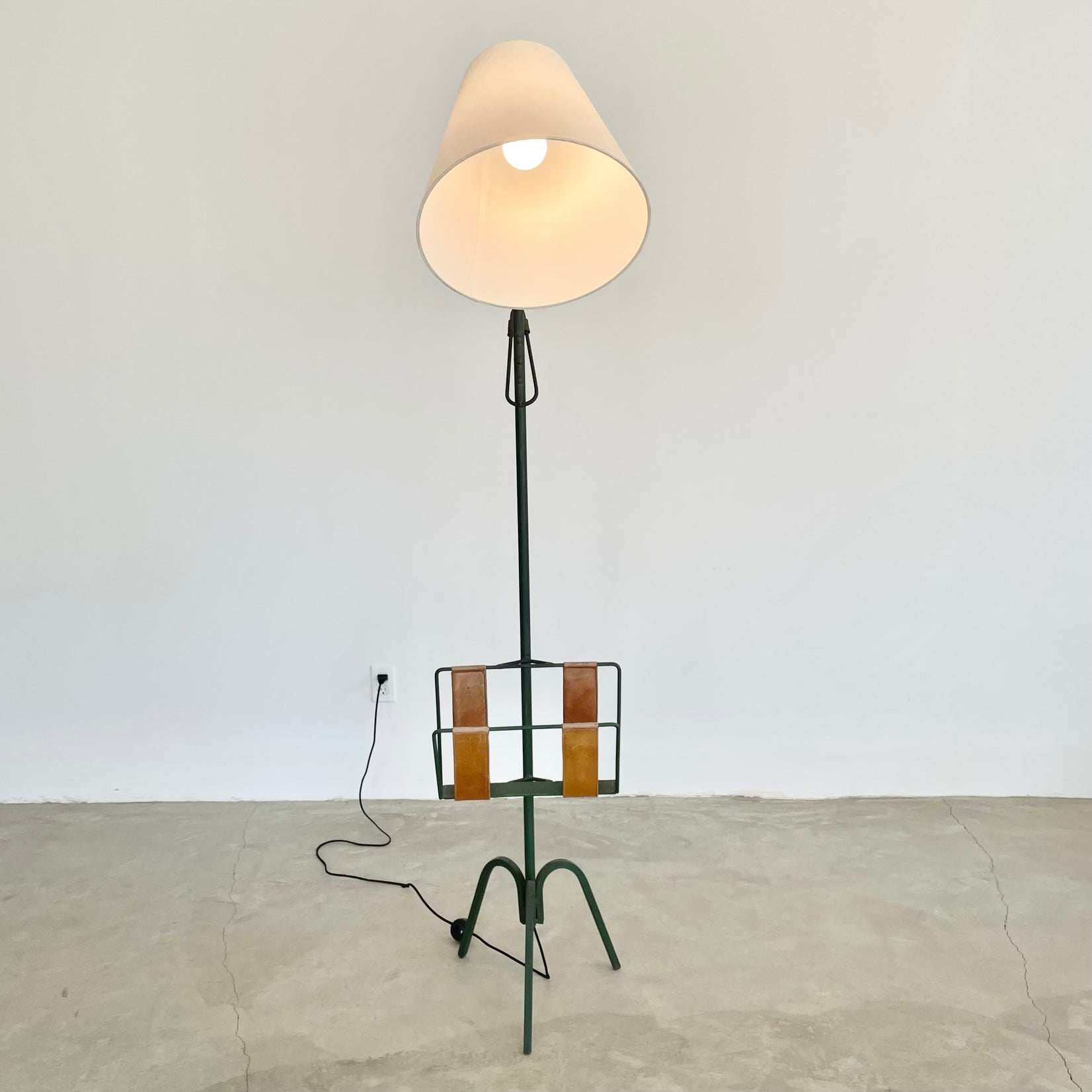 Jacques Adnet Green Iron and Leather Adjustable Floor Lamp, 1950s France