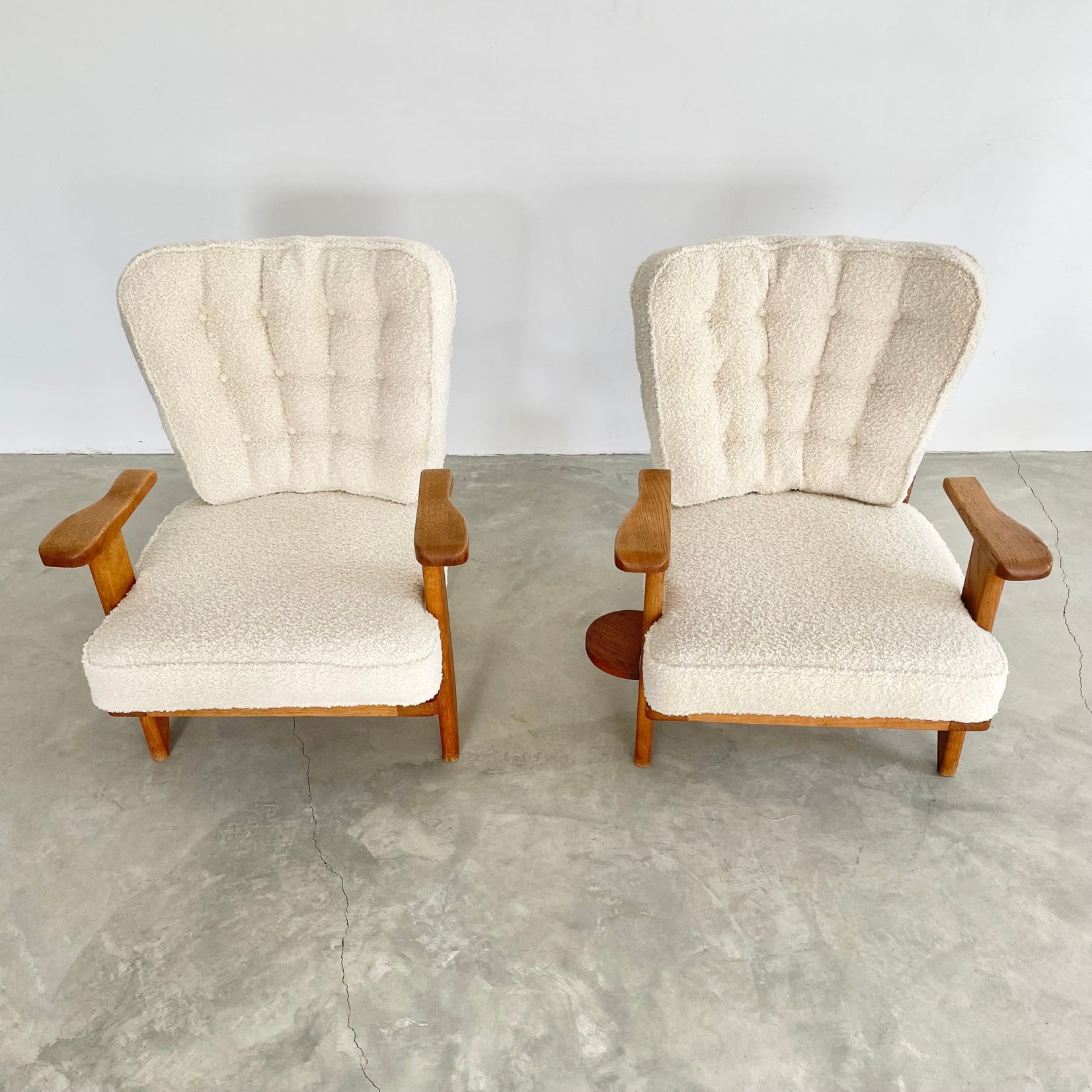 Guillerme et Chambron Oak and Boucle Armchairs, France 1960s