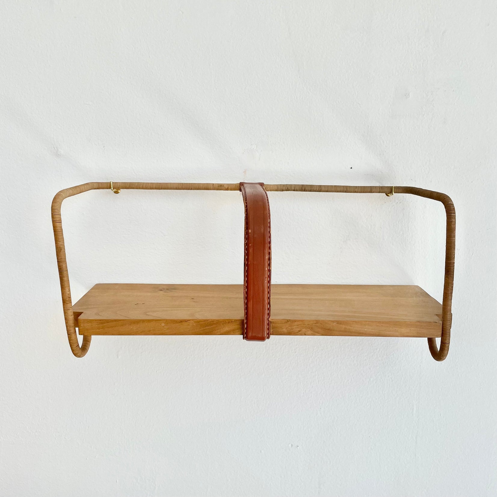 Jacques Adnet Leather, Wood and Twine Shelf, 1950s France