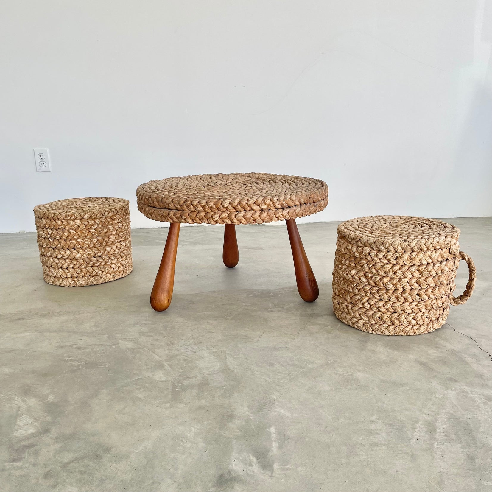 Rope and Wood Table with Two Nesting Stools, 1960s France