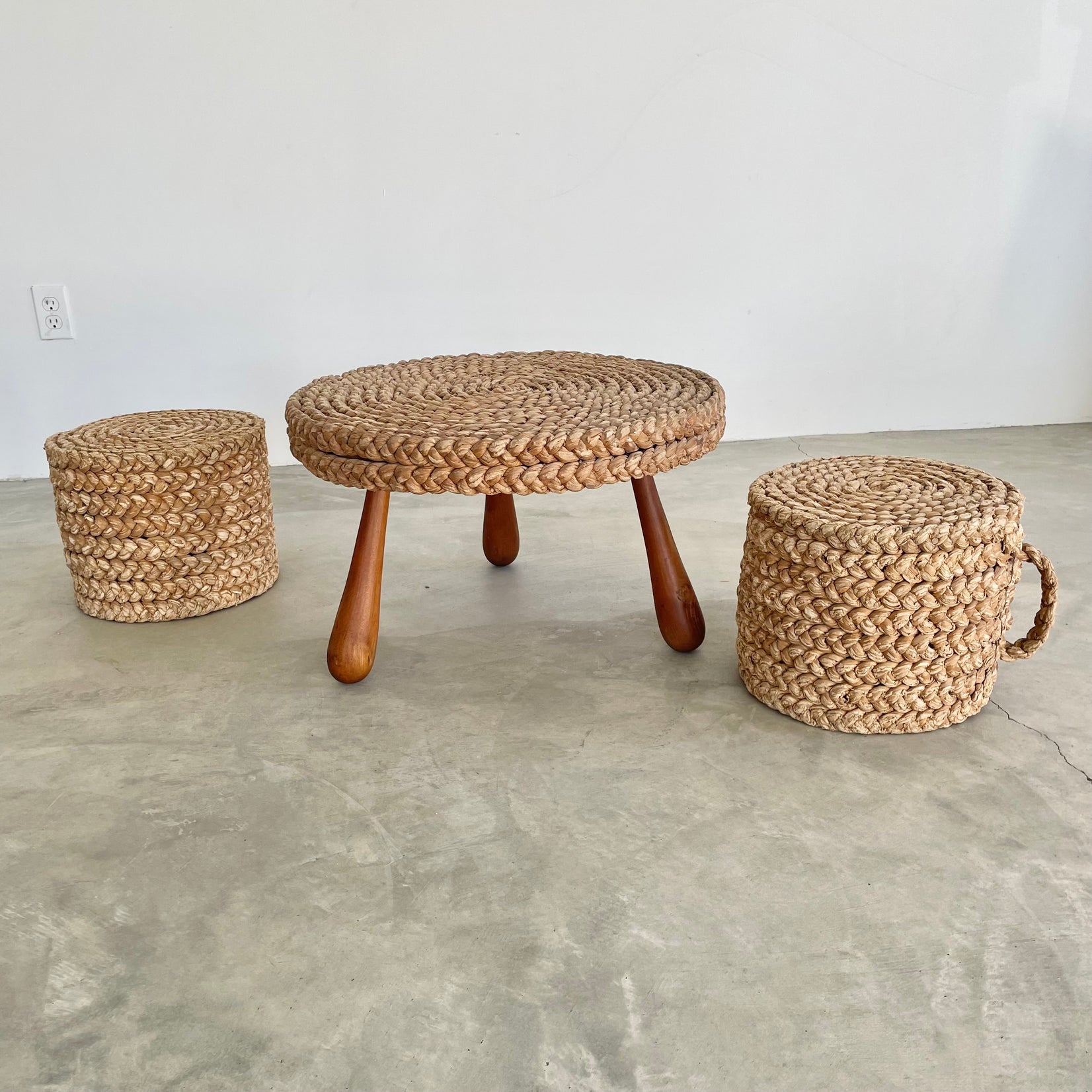 Rope and Wood Table with Two Nesting Stools, 1960s France