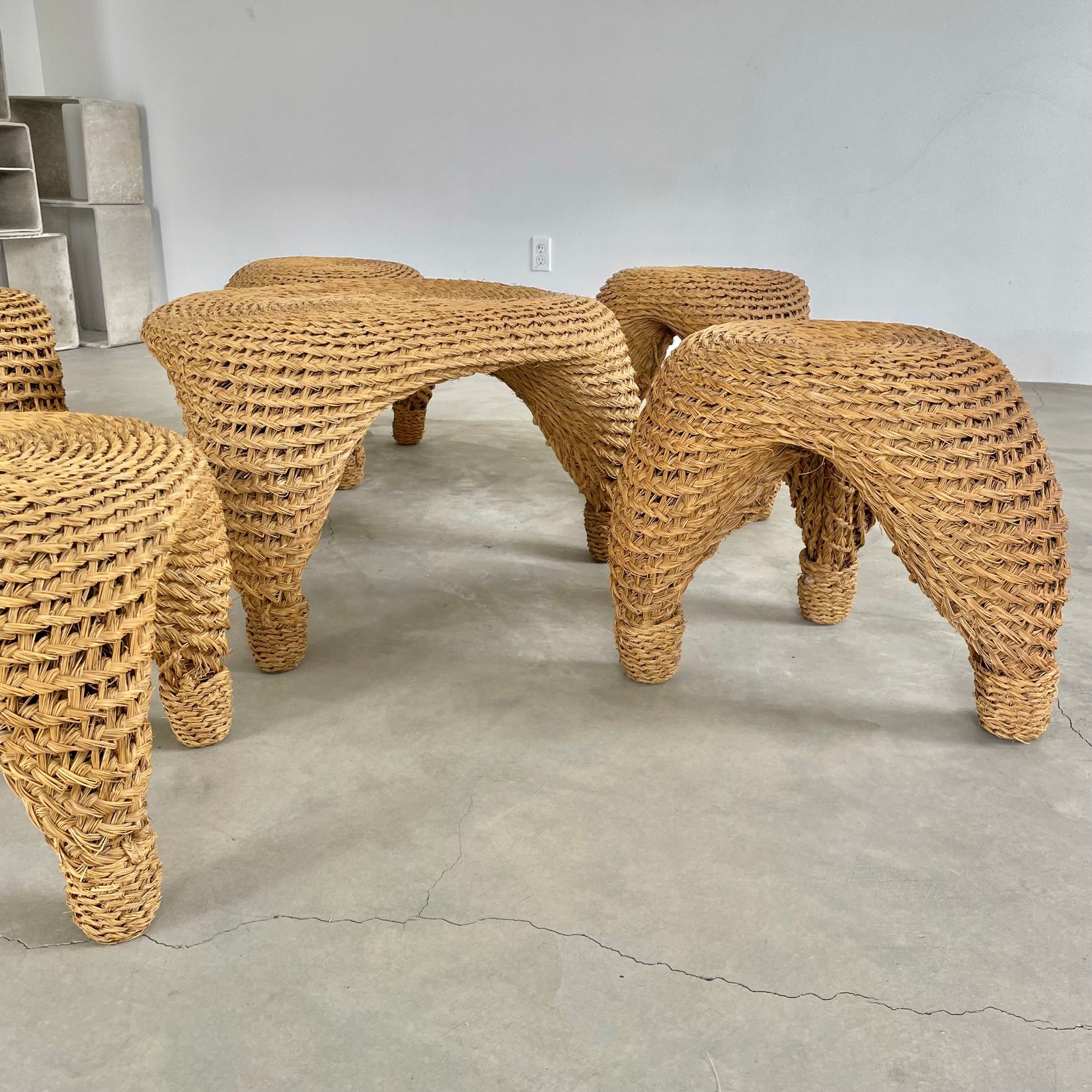 Wicker Pine Needle Table and Stools, 1980s France