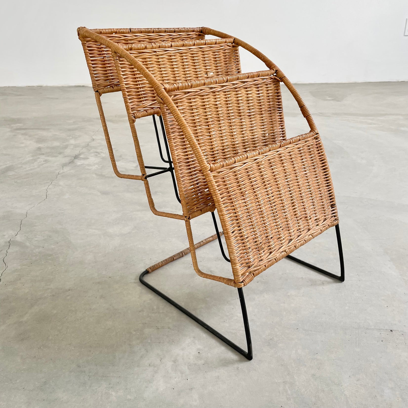 Rattan and Iron Magazine Rack attributed to Jacques Adnet, 1950s France