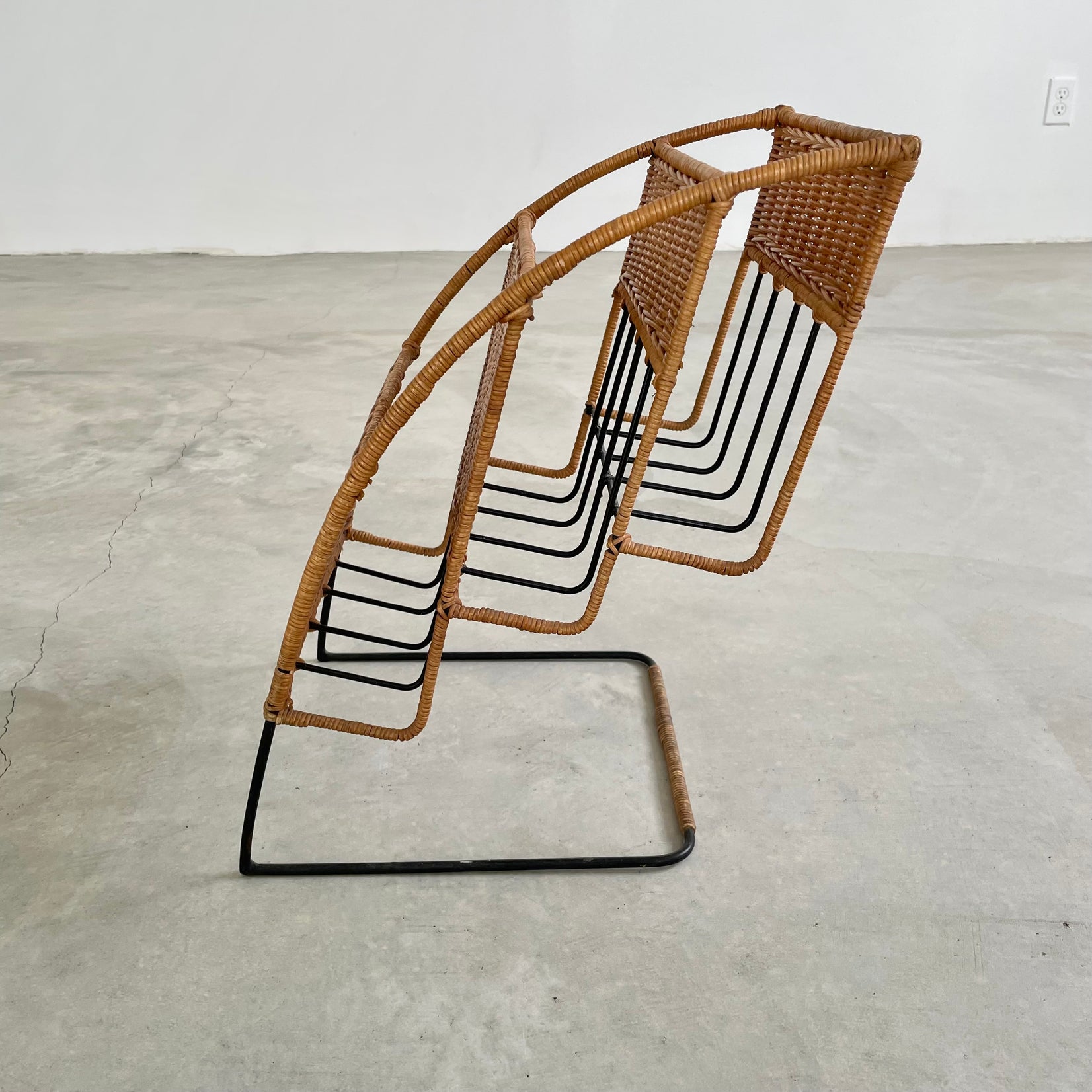 Rattan and Iron Magazine Rack attributed to Jacques Adnet, 1950s France