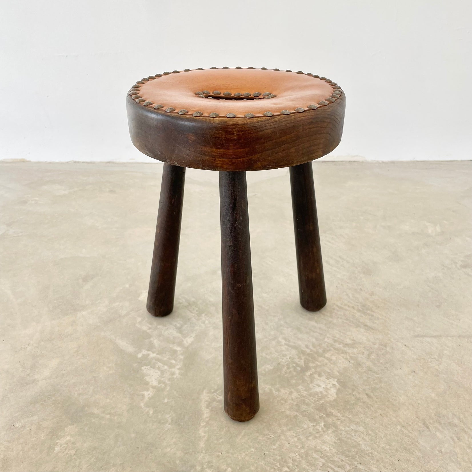 Leather and Wood Studded Stool, 1970s France