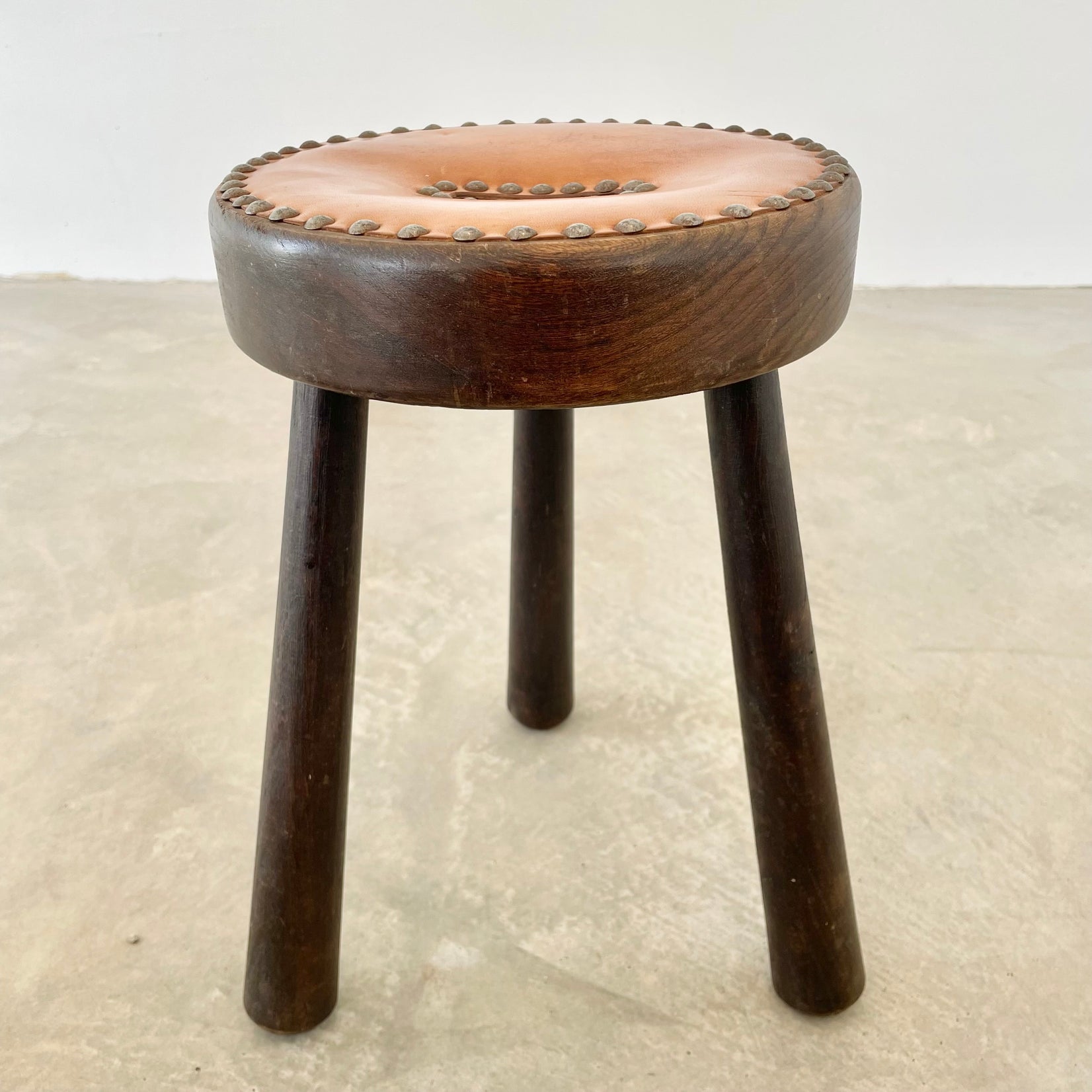 Leather and Wood Studded Stool, 1970s France