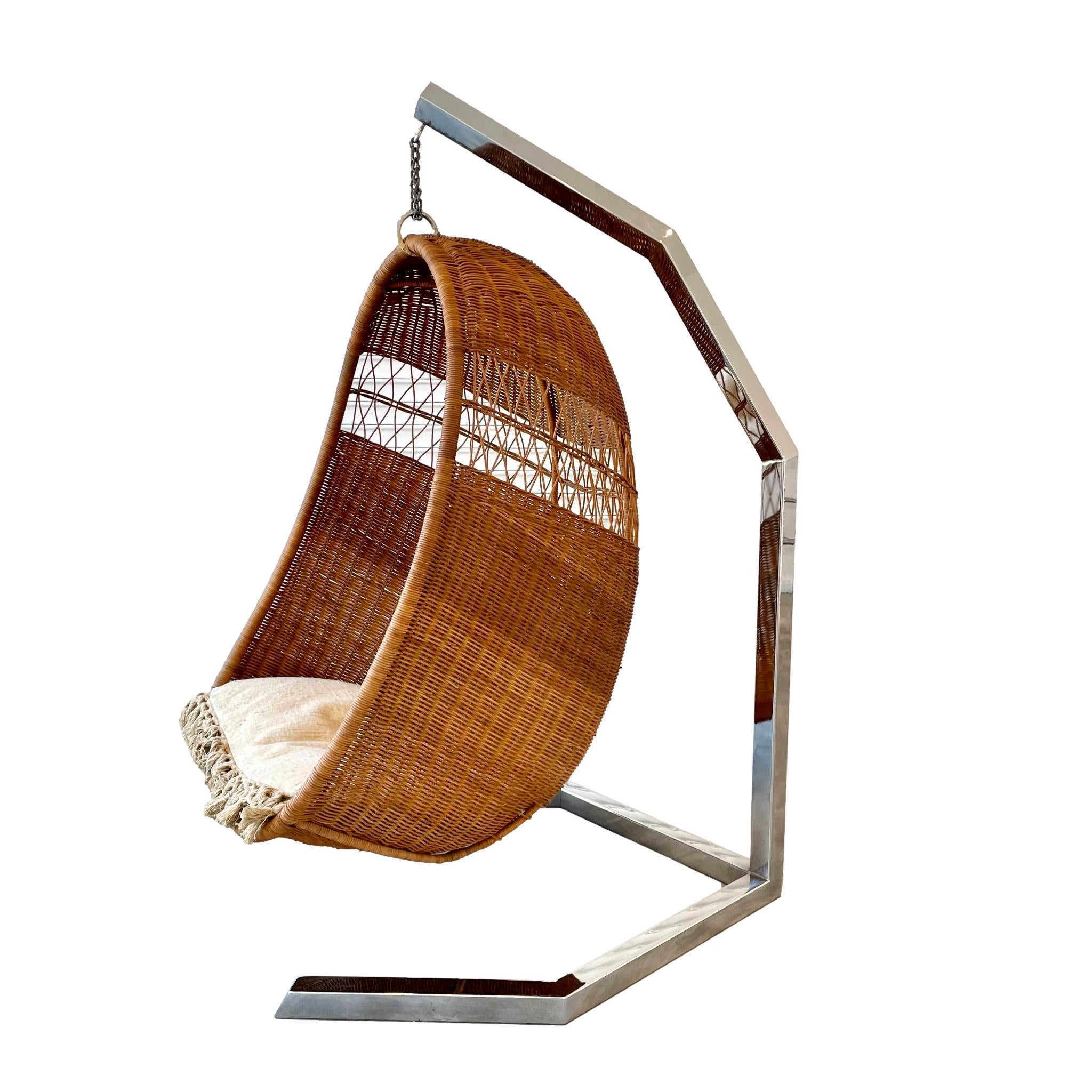 1970s Rattan and Wicker Hanging Chair on Chrome Stand