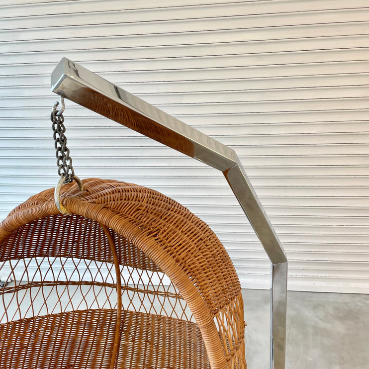 1970s Rattan and Wicker Hanging Chair on Chrome Stand