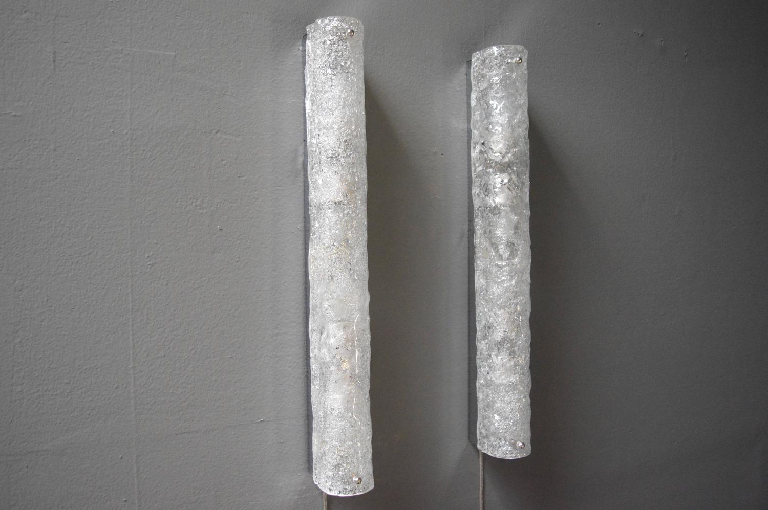 Pair of Ice Glass Tube Sconces by Kalmar