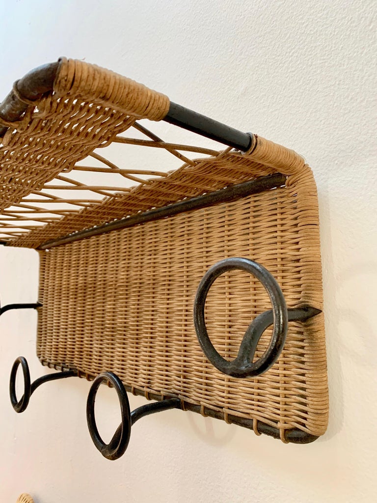 Jacques Adnet Style Wicker and Iron Coat Rack