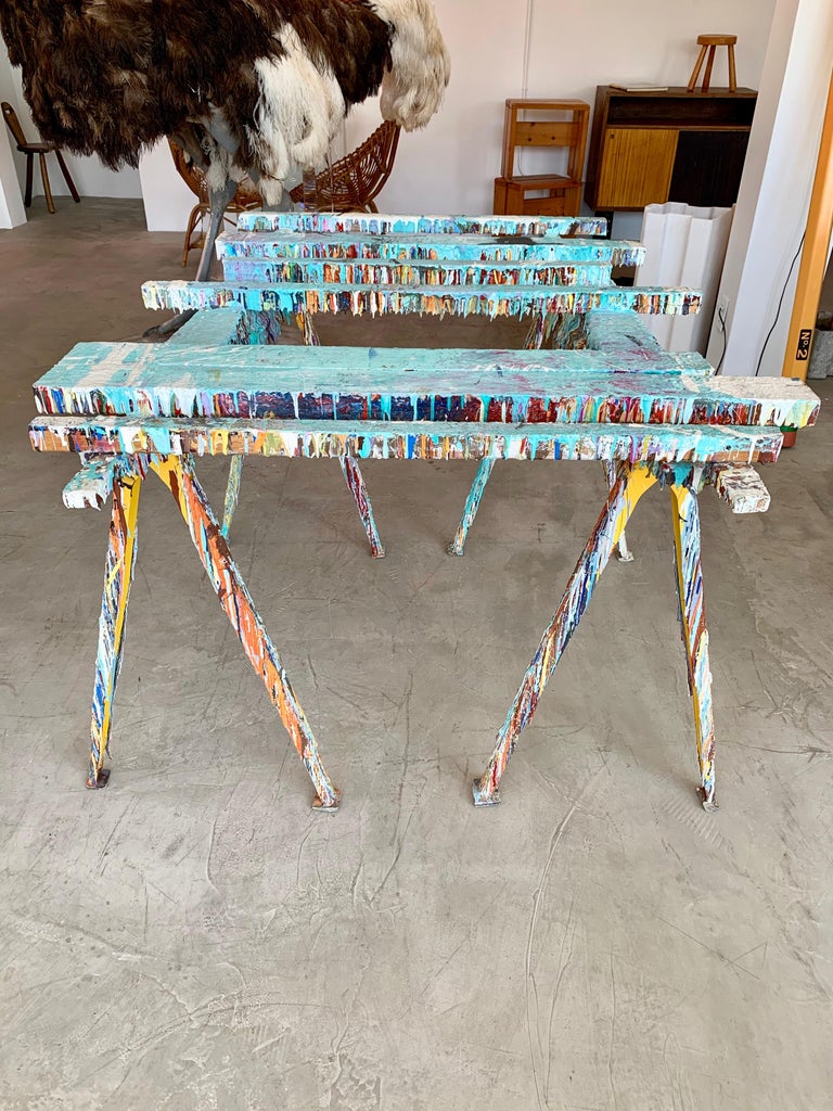 Drip Paint Saw Horse Table in the style of Gaetano Pesce