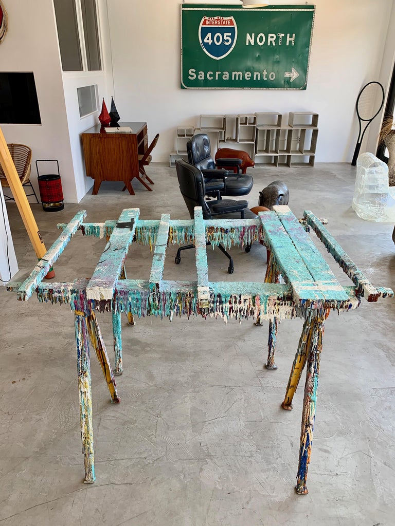 Drip Paint Saw Horse Table in the style of Gaetano Pesce