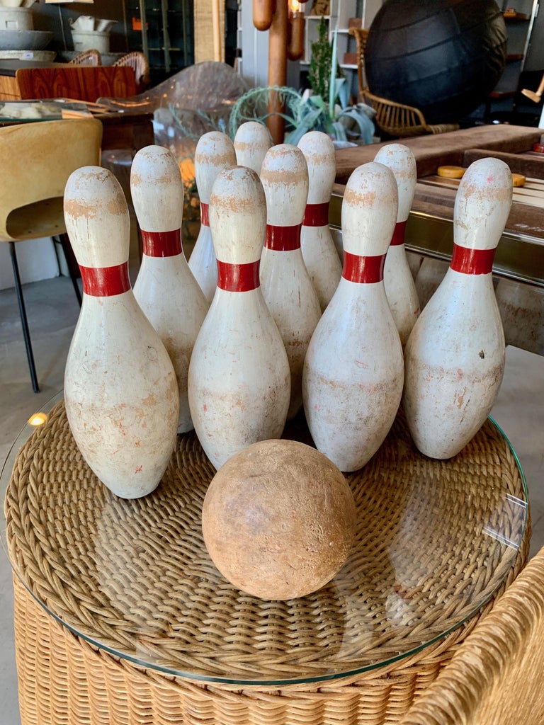 Antique Hand Painted Wood Bowling Set