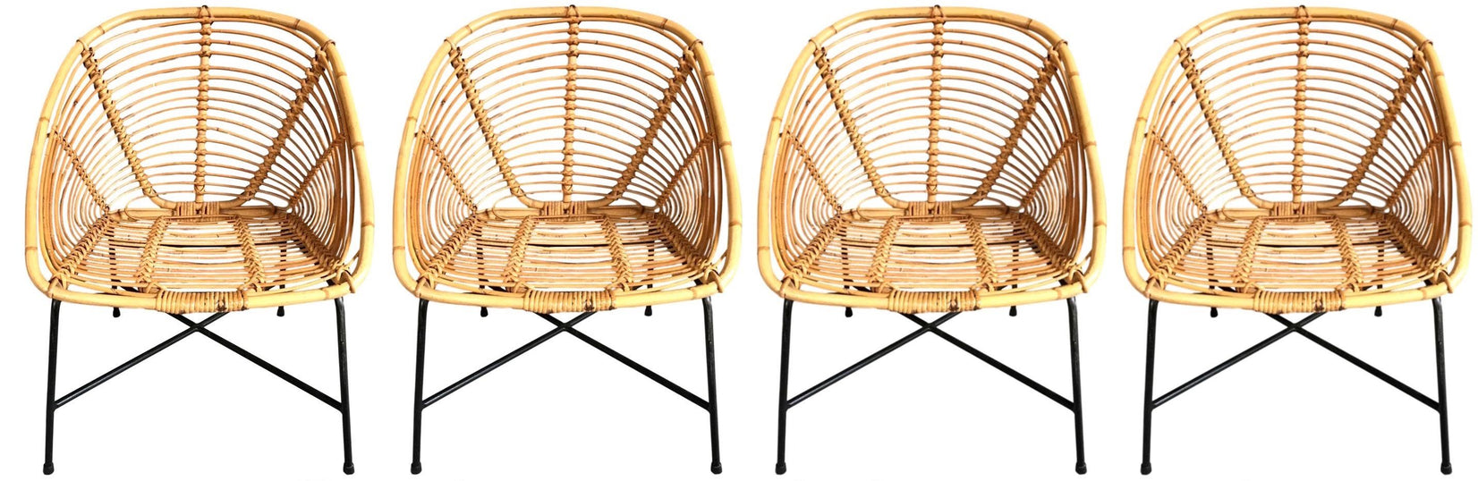 Set of Four Vintage French Wicker and Rattan Chairs, 1950s France
